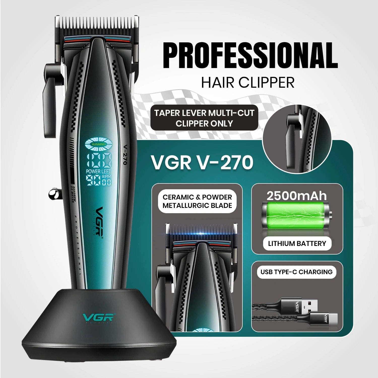 VGR V-270 Professional Metal Housing Cord/cordless Hair Clipper For Men's