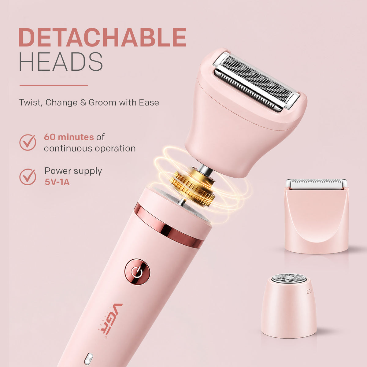 VGR V-735 Professional 3-in-1 Lady Shaver Set | Waterproof Cordless Trimmer for Women (Pink)