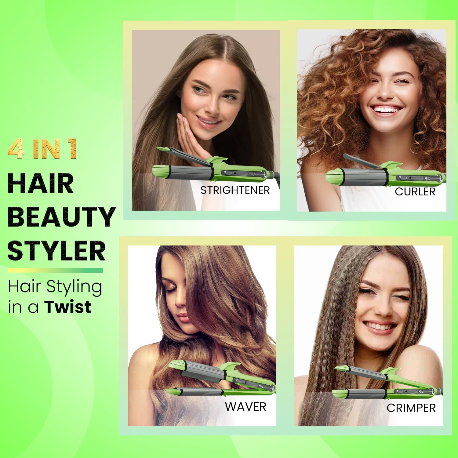 VGR V-569 Professional 4 In 1 Hair Beauty Styler - Straightener, Curler, Crimper, Waver (Green)