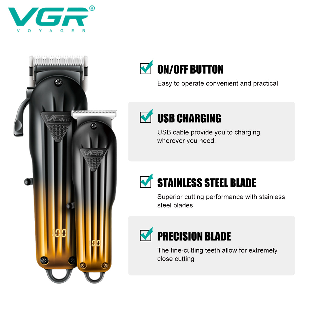 VGR V-646 Professional Hair Clipper Trimmer Set for Men, Stainless Steel Blades, Hair Clipper & Trimmer Combo, 10 Guide Combs, LED Display, USB Charging, Black/Gold