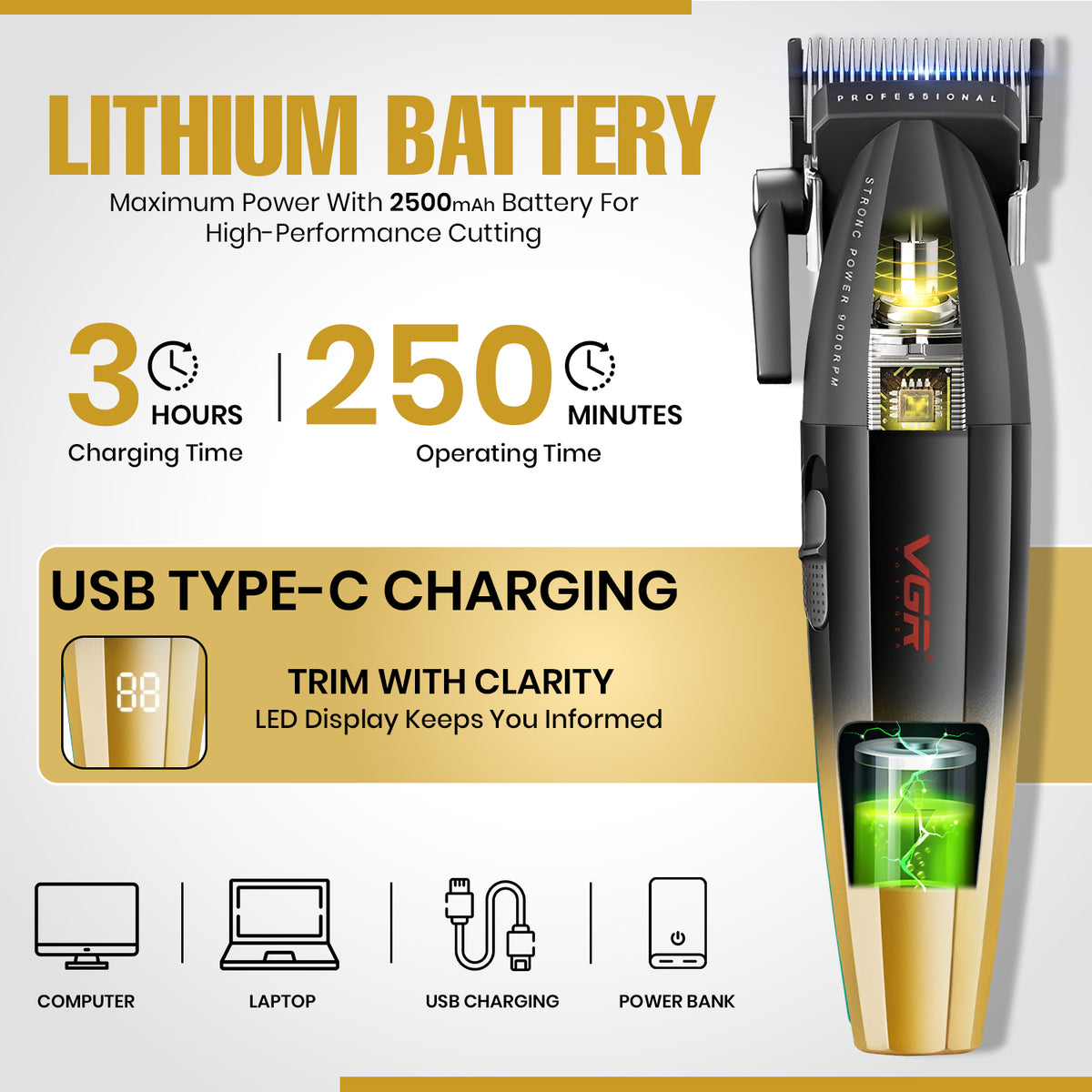 VGR V-003 Professional Hair Clipper For Men, (Gold)