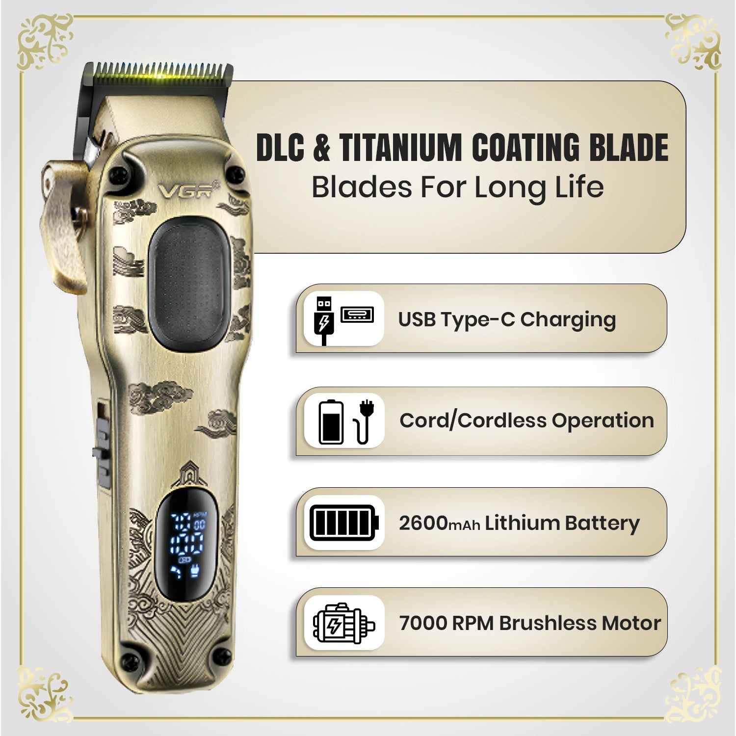 VGR V-027 Professional Cord/Cordless Hair Clipper for Men's (Gold)