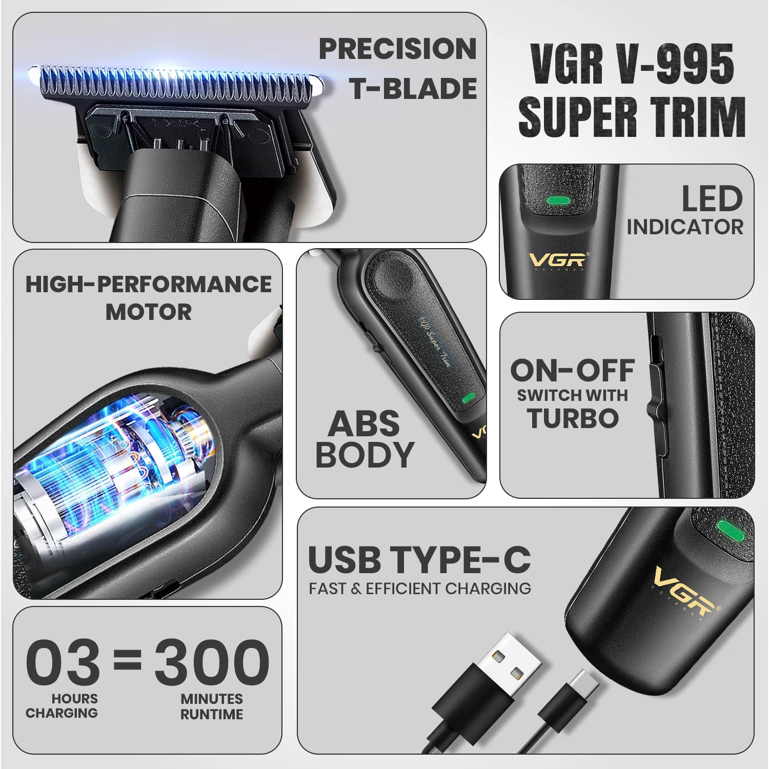 VGR V-995 Professional Hair Trimmer for Men (Black)