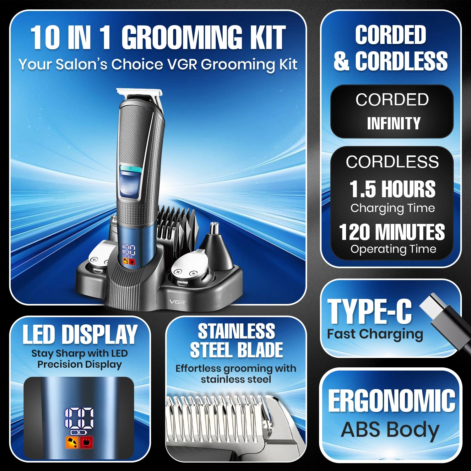 VGR V-108 Professional 10-in-1 Men’s Grooming Kit with Led Display