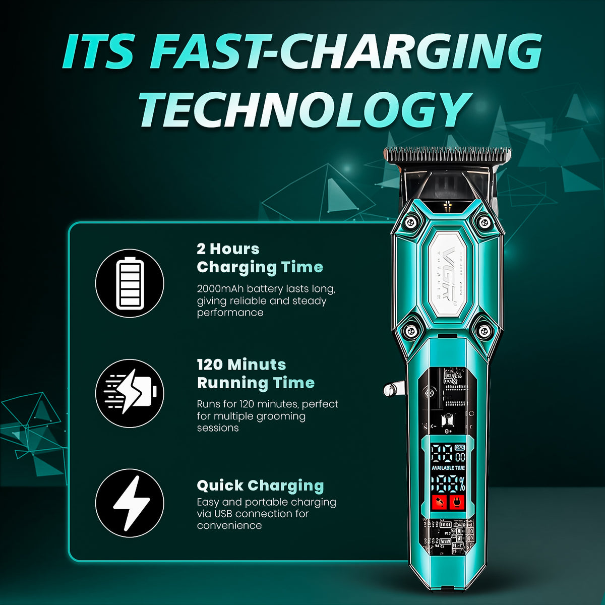 VGR V-900 Professional Hair Trimmer, 7000 RPM, 120 Min Runtime, Green