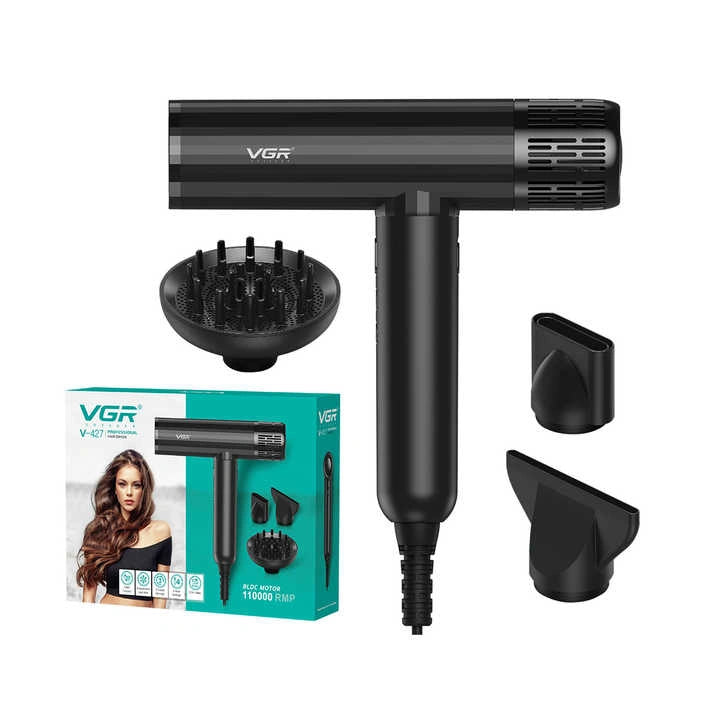 VGR V-427 Professional Hair Dryer, High-Speed 110000 RPM BLDC Motor, 1900W (Black)