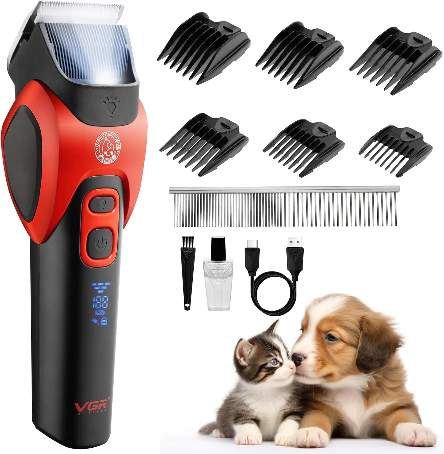 VGR V-208 Professional Pet Clipper for Dogs, Cats & All Animals, 2000mAh Battery, LED Display, Ceramic Blades, Powerful Motor, 6 Guide Combs, 180mins Runtime, Travel Lock