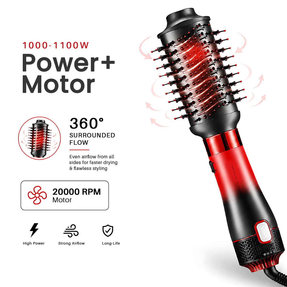 VGR Professional 4-in-1 Hot Air Brush with 20000 RPM and 1000-1100W, Red & Black (V-484)