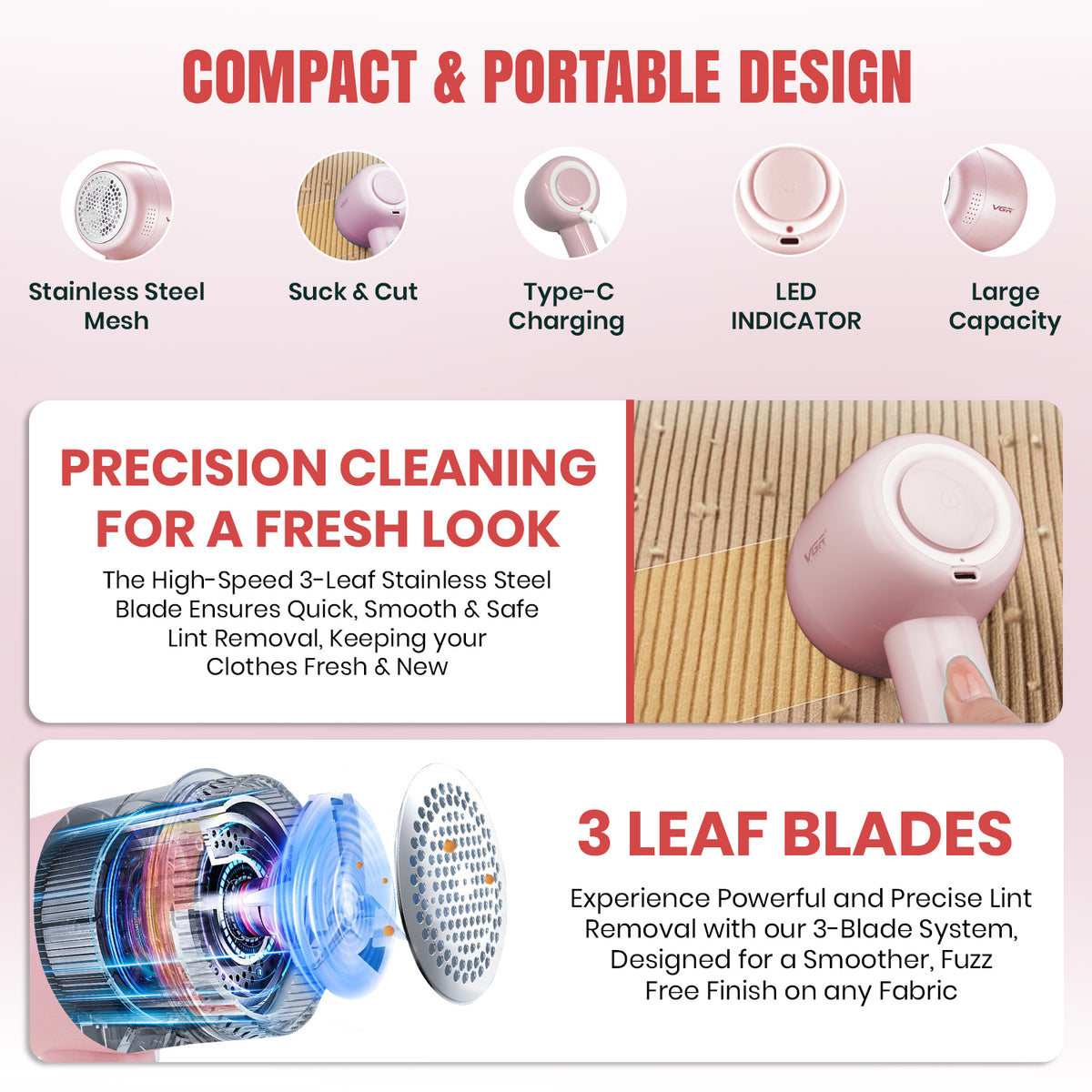 VGR V-813 Professional Rechargeable Lint Remover, Pink