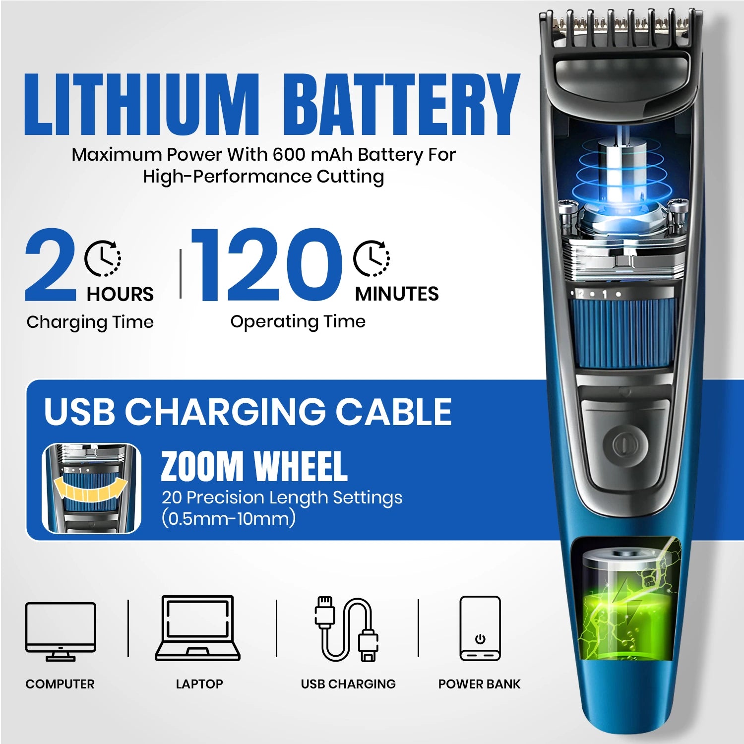 VGR V-052 Blue Hair Trimmer for Men – Professional Trimmer with Long Battery Life and Sharp Blades