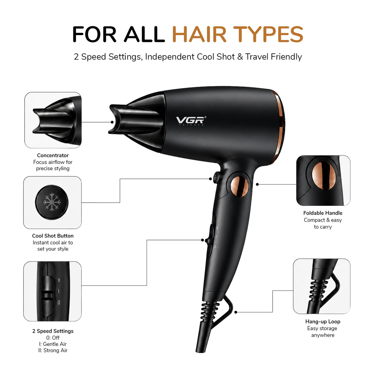 VGR V-439 Professional Hair Dryer For Women with 2 Speed Settings, Cool Shot, Black