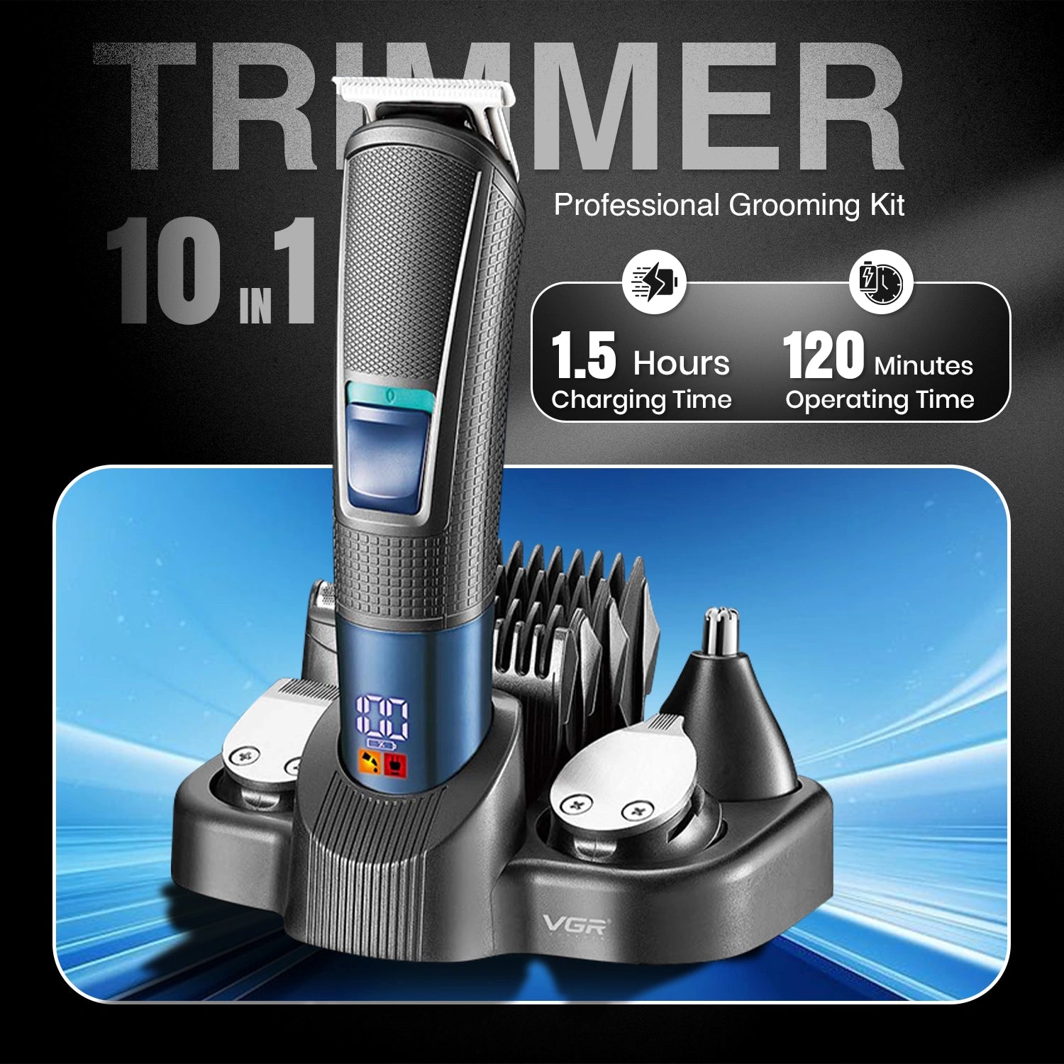 VGR V-108 Professional 10-in-1 Men’s Grooming Kit with Led Display