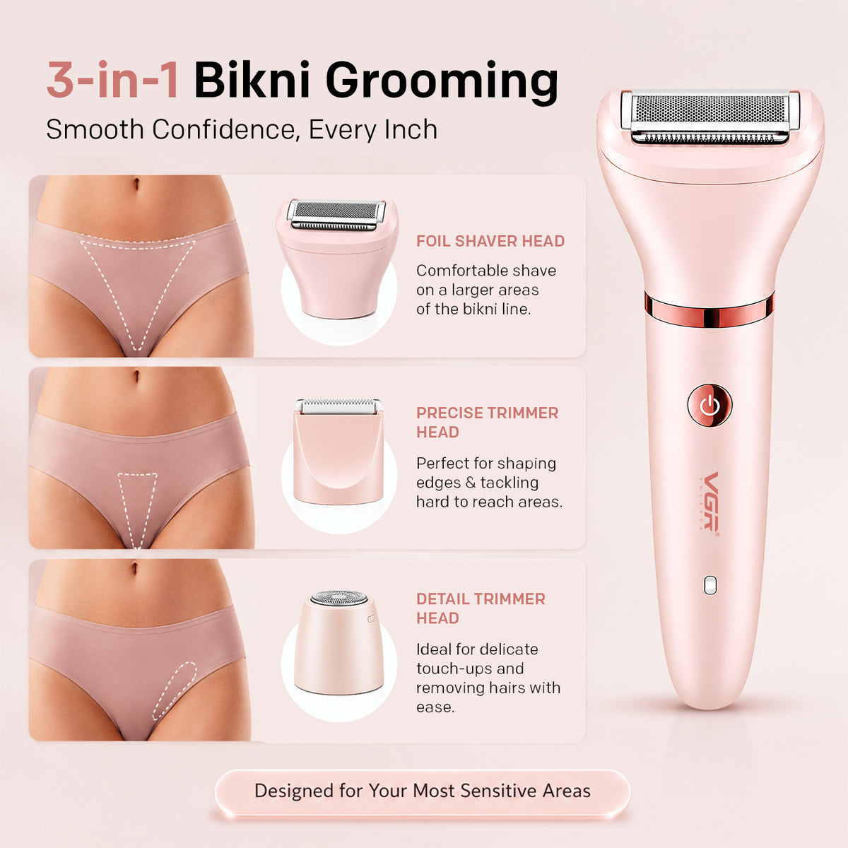 VGR V-735 Professional 3-in-1 Lady Shaver Set | Waterproof Cordless Trimmer for Women (Pink)
