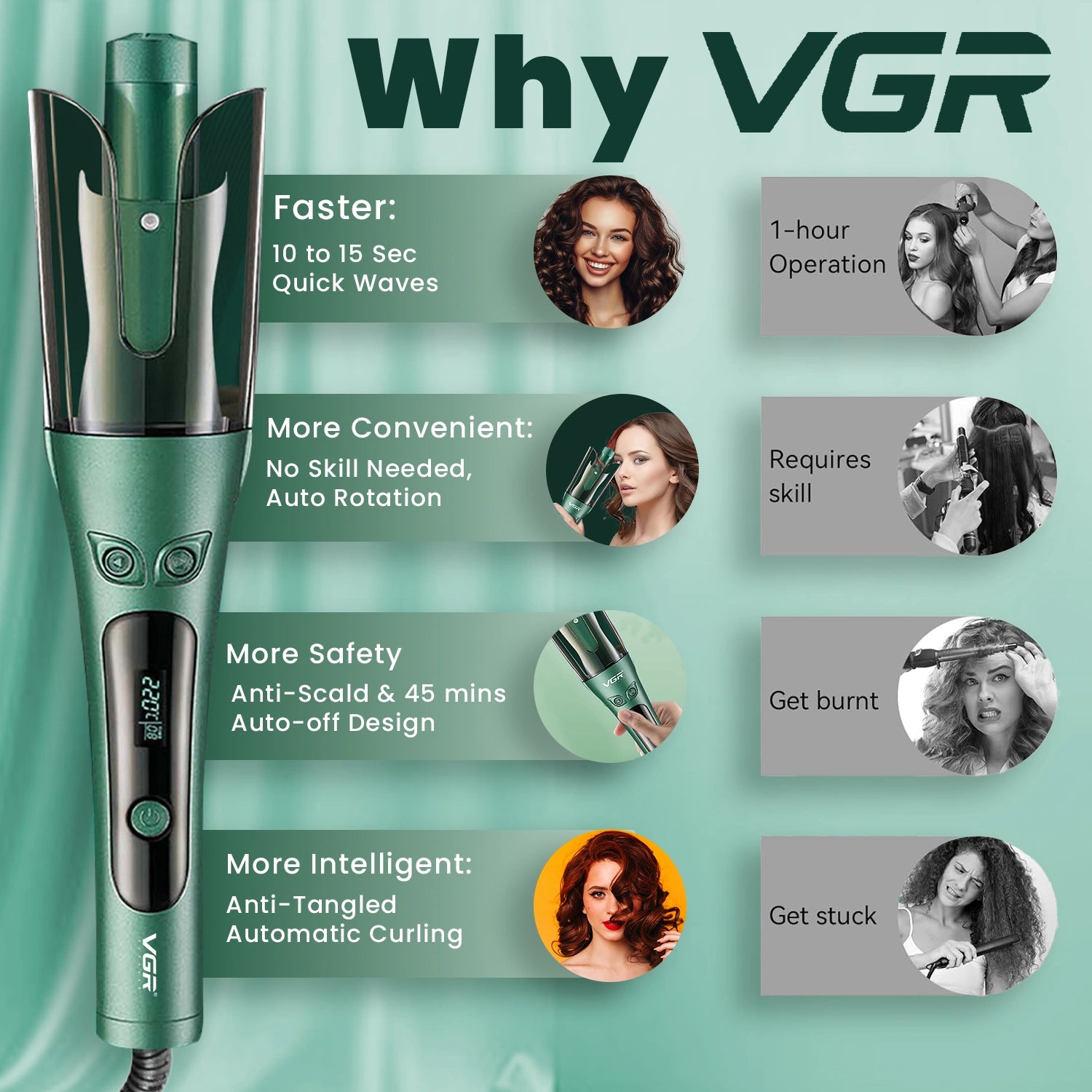 VGR V-583 Automatic Hair Curler For Women (Green)