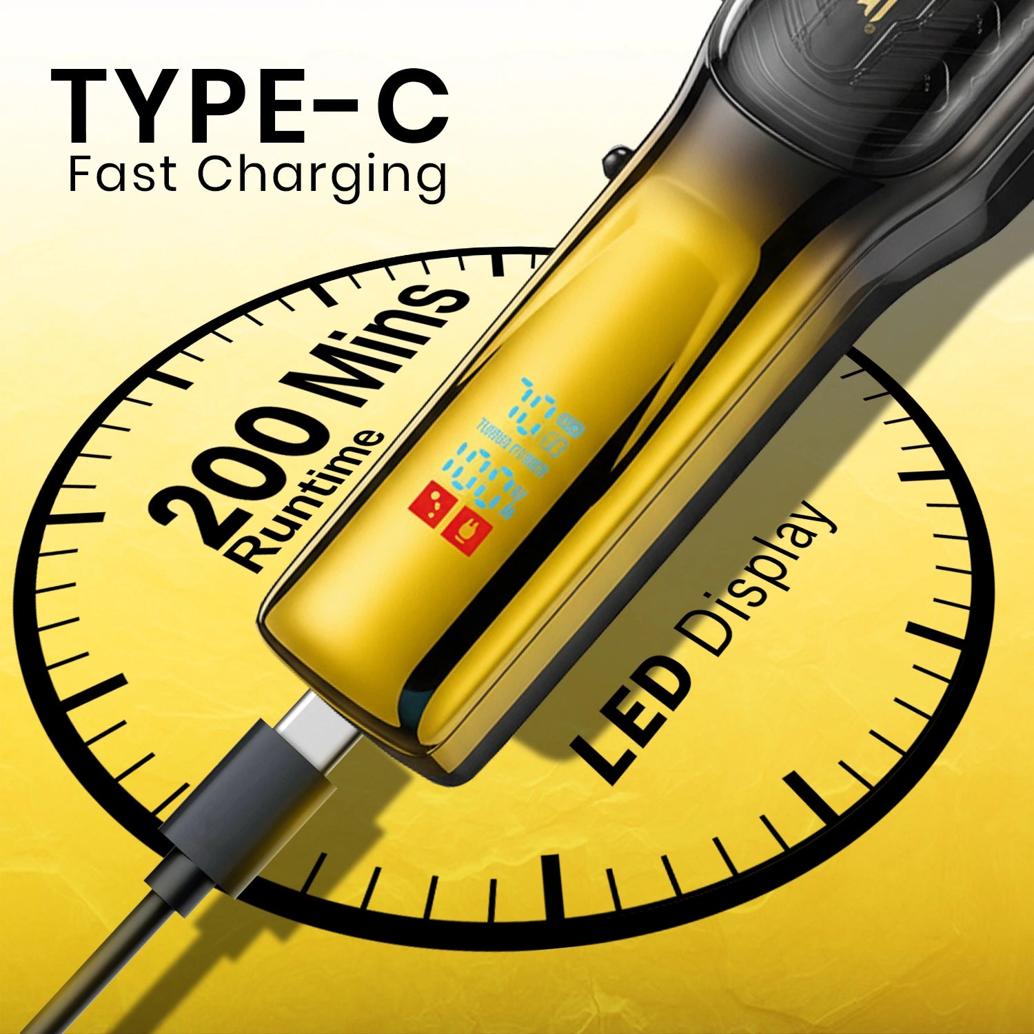 VGR V-654 Professional Hair Clipper with 200-Minute Runtime, LED Display, and 6 Guide Combs, 7000RPM DC MOTOR , Yellow