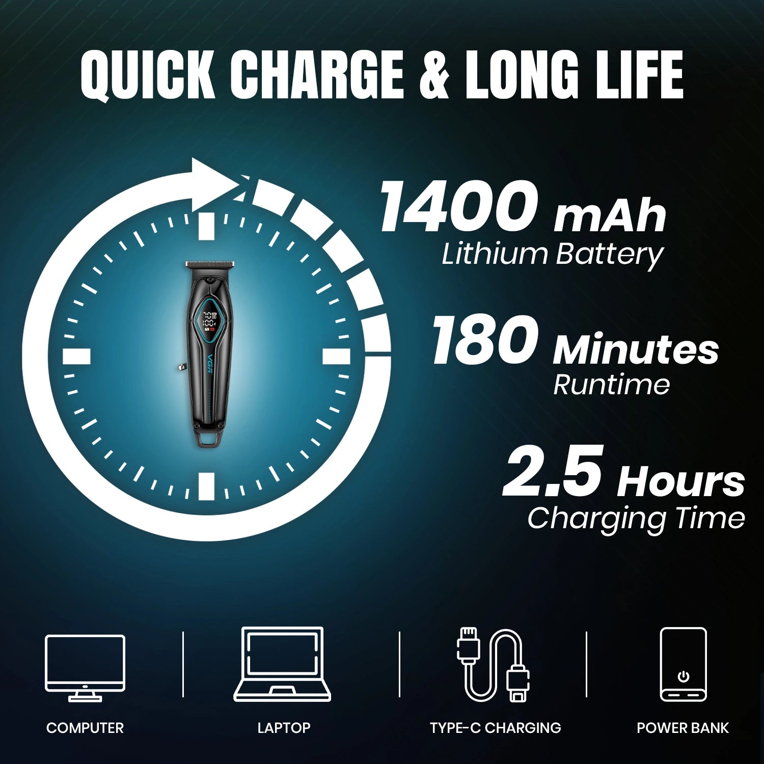 VGR V-945 Professional Trimmer 180 min Runtime 4 Length Settings (Black)