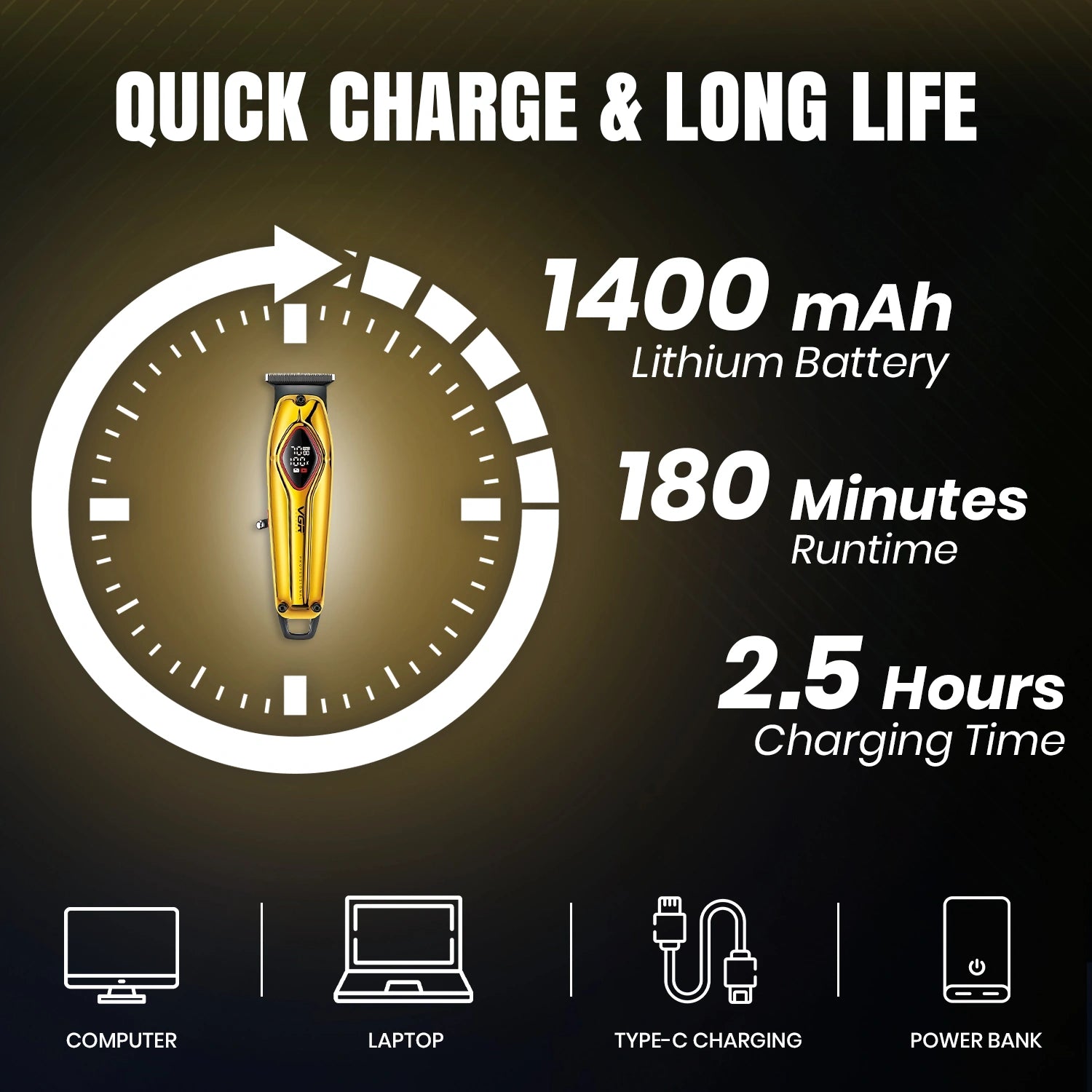 VGR V-945 Professional Trimmer 180 min Runtime 4 Length Settings (Black)