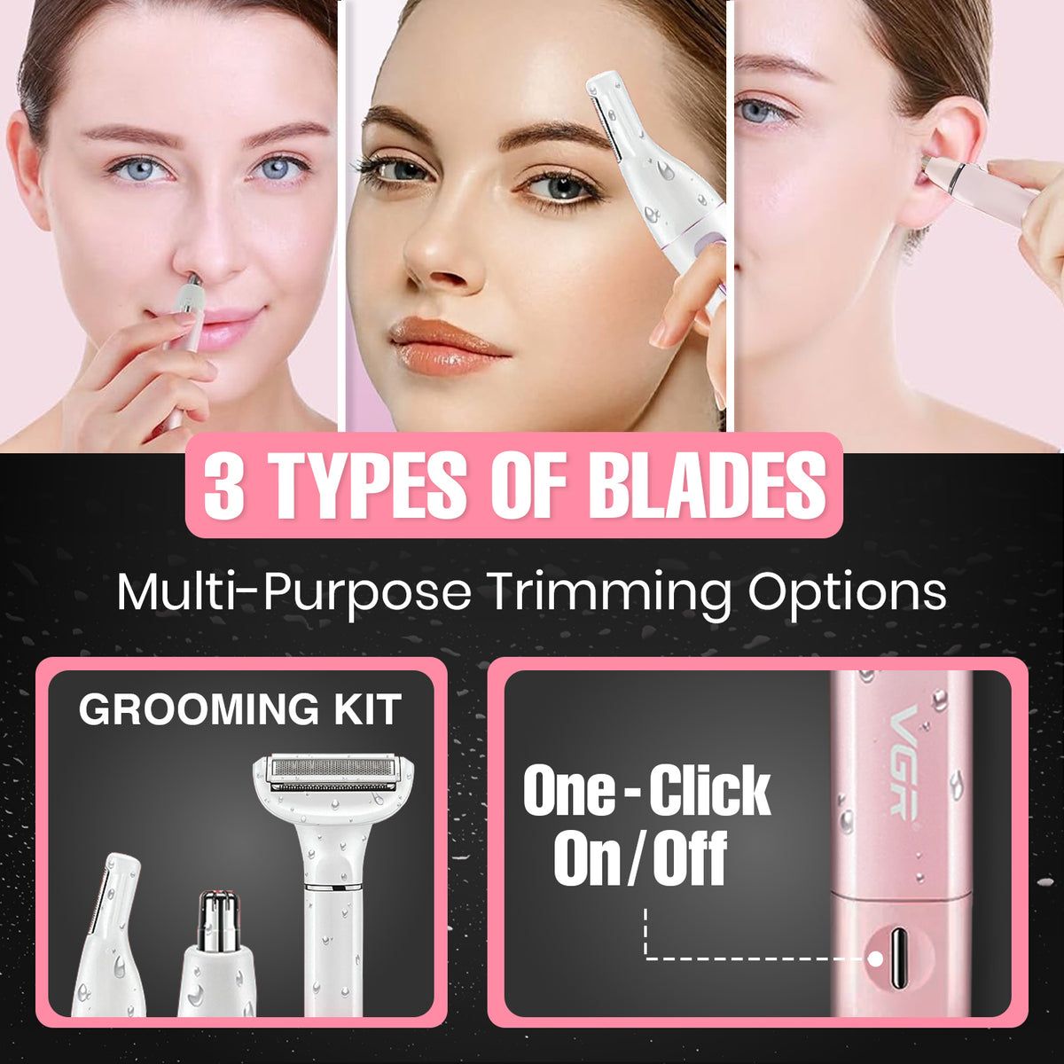 VGR V-611 Professional 3-IN-1 Lady Shaver Set, Shaver For Women (Pink)