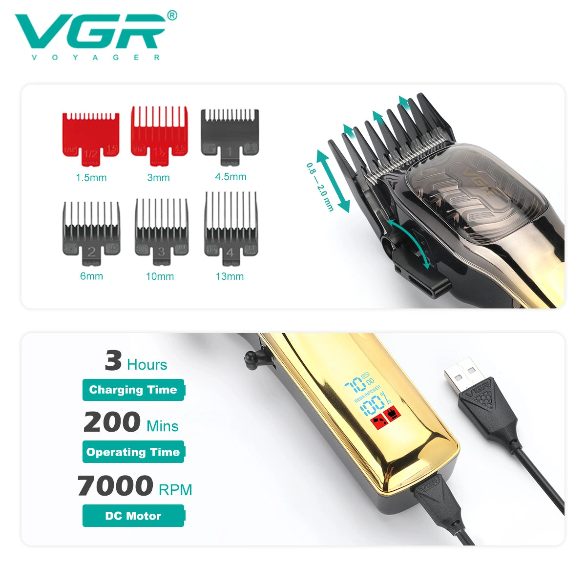 VGR V-654 Professional Hair Clipper with 200-Minute Runtime, LED Display, and 6 Guide Combs, 7000RPM DC MOTOR , Yellow