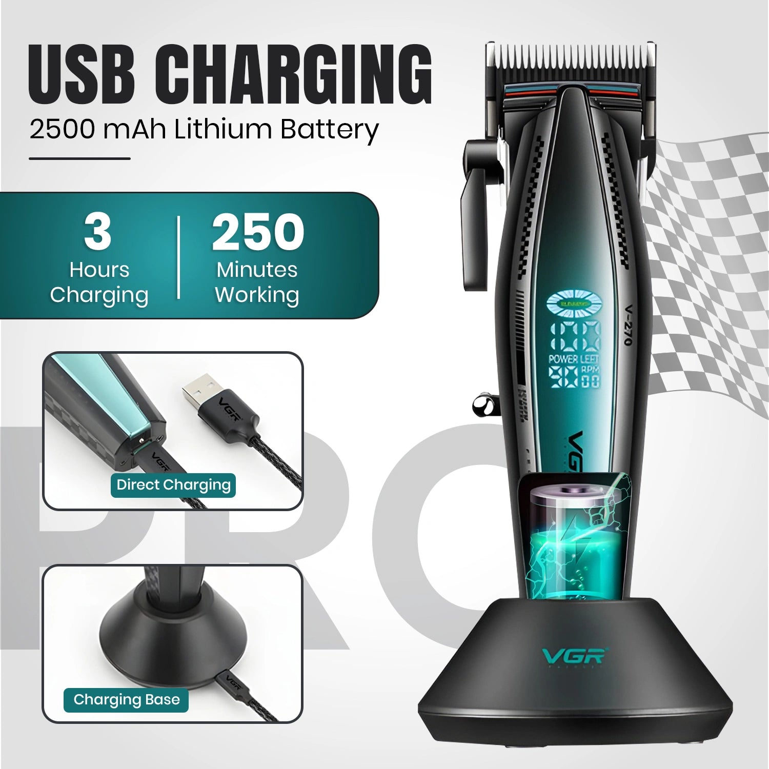 VGR V-270 Professional Metal Housing Cord/cordless Hair Clipper For Men's