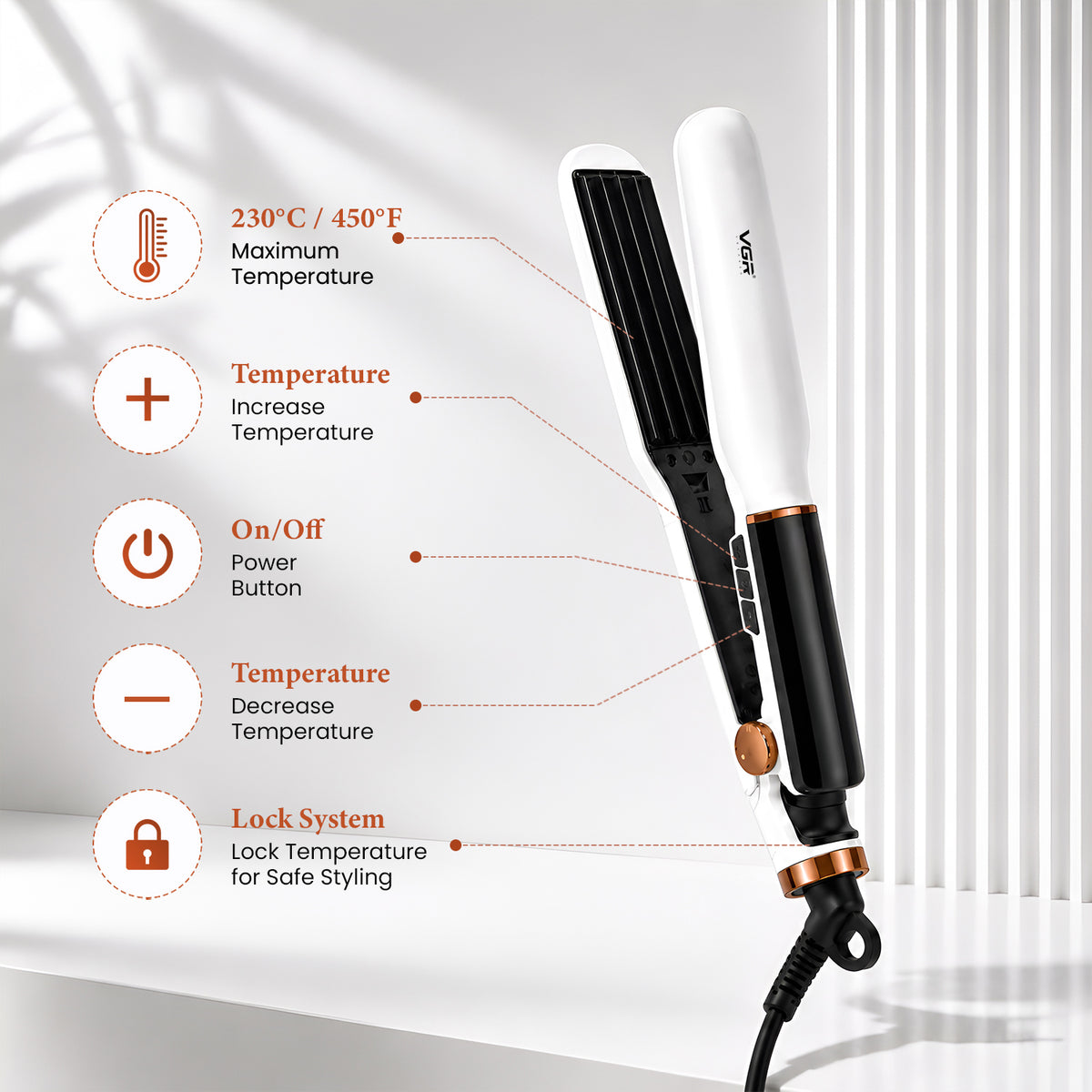 VGR V-519C Professional Hair Crimper For Women with 7 Heat Settings, White