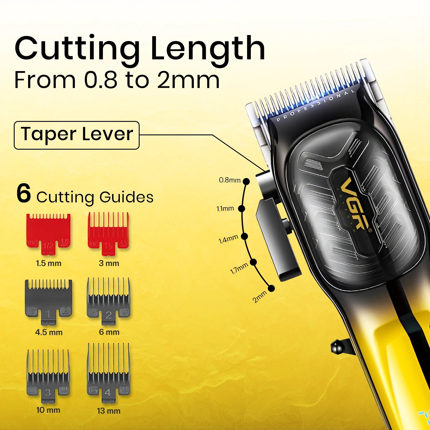 VGR V-654 Professional Hair Clipper with 200-Minute Runtime, LED Display, and 6 Guide Combs, 7000RPM DC MOTOR , Yellow