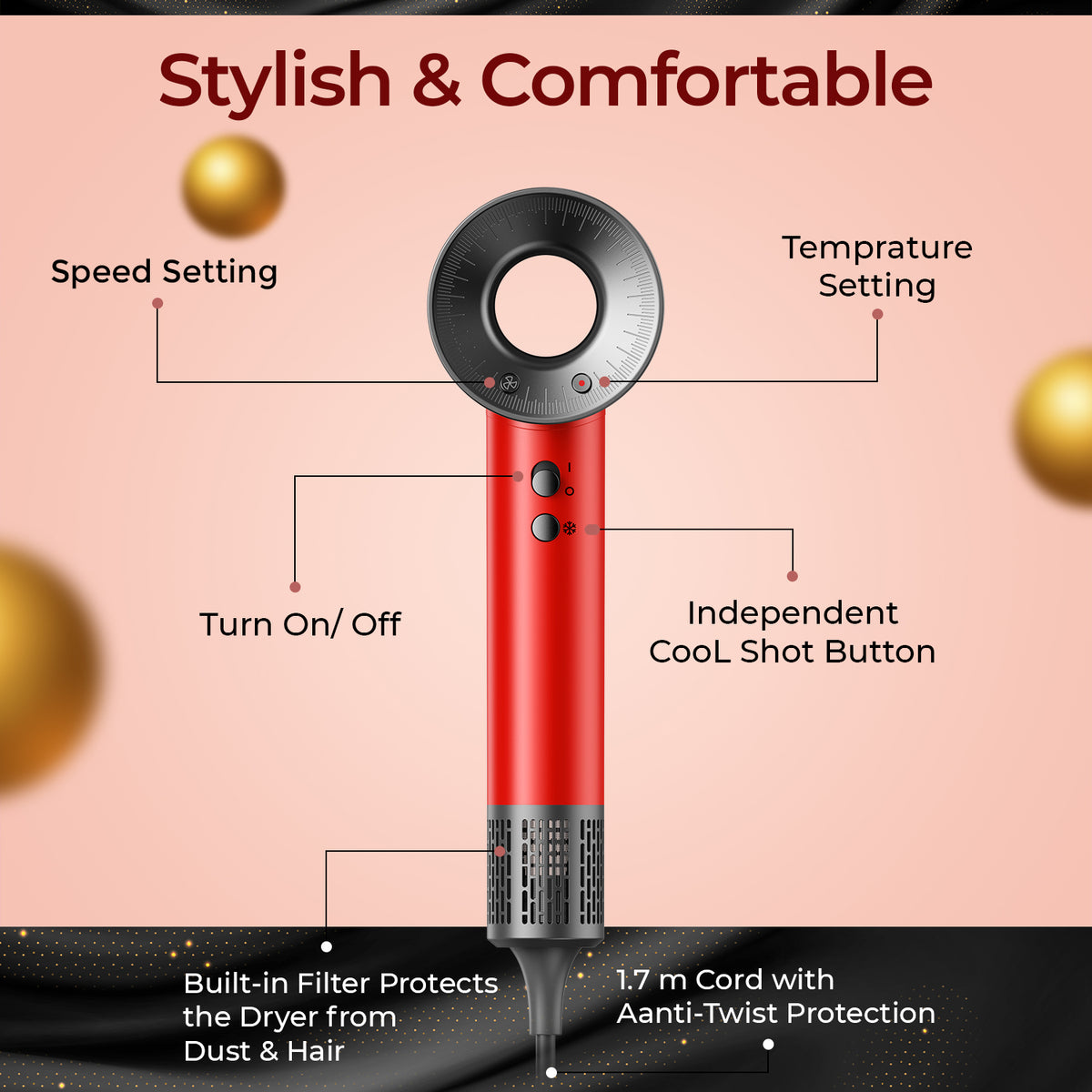 VGR V-445 Professional Hair Dryer For Women with Cool Shot, Overheating Protection, Red