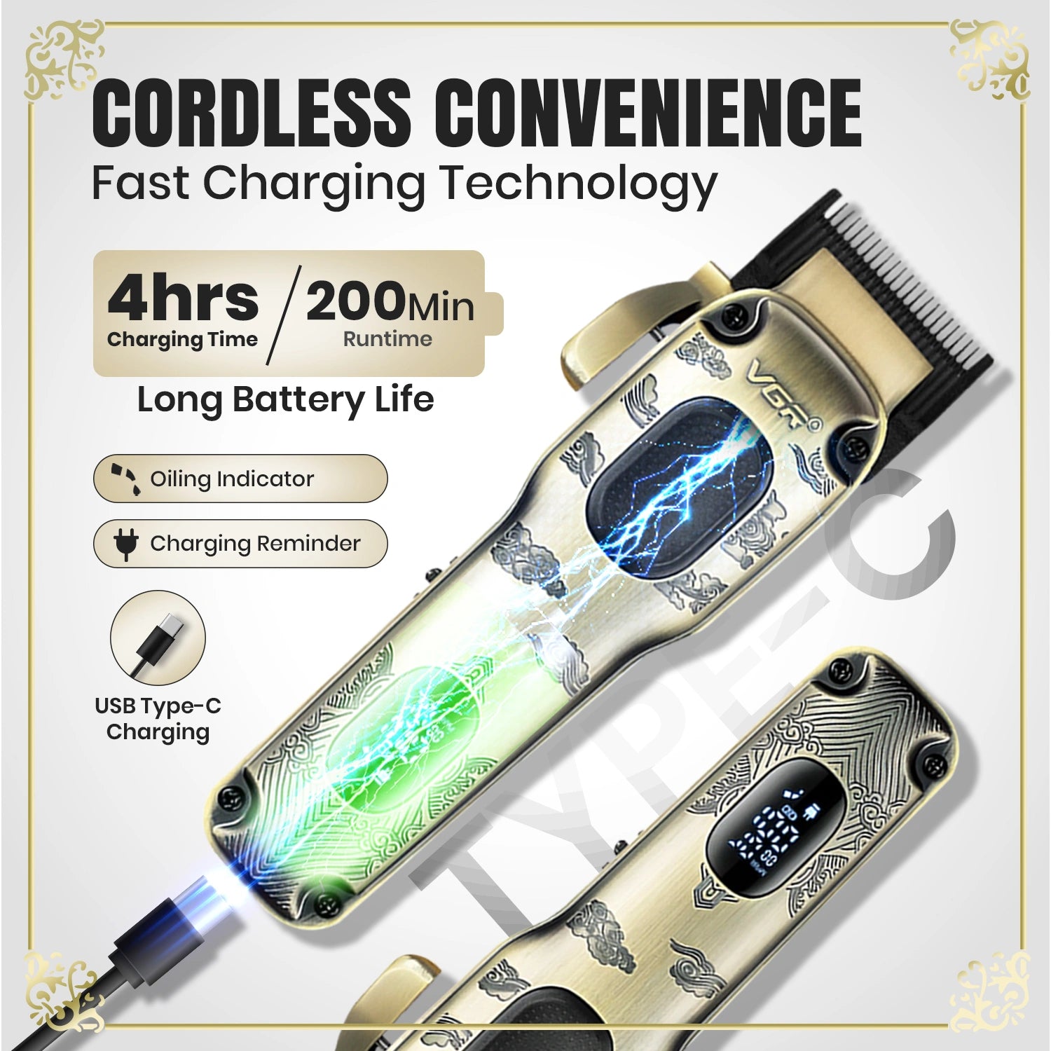 VGR V-027 Professional Cord/Cordless Hair Clipper for Men's (Gold)
