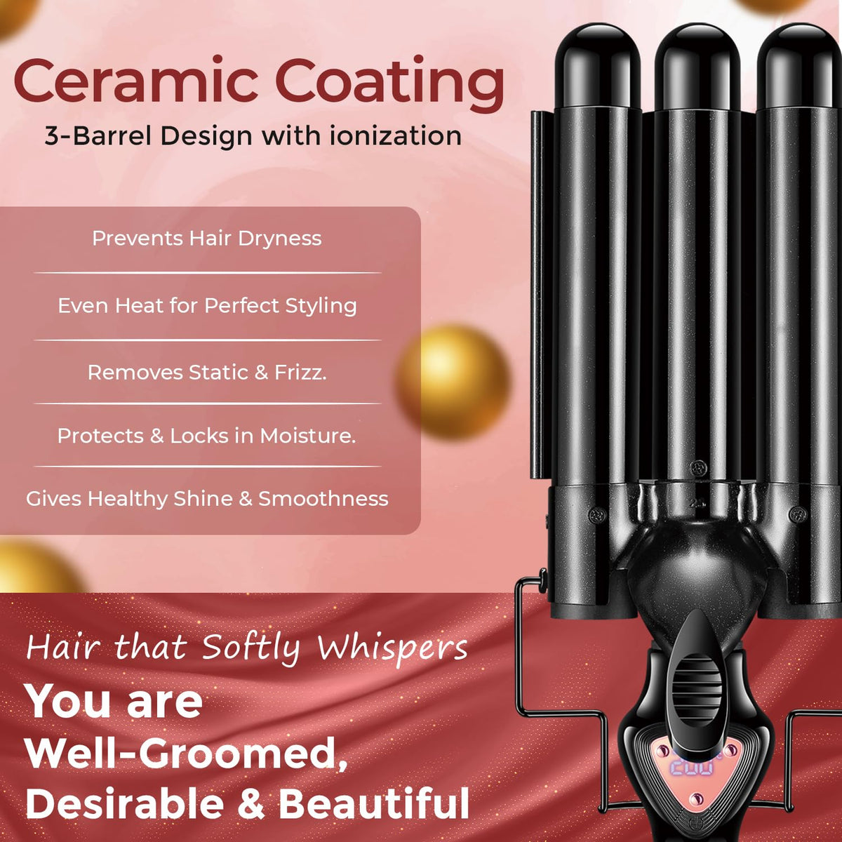 VGR V-590 Professional 3-Barrel Curling Iron with 3-Barrel Ceramic Plates, Rose Gold Black