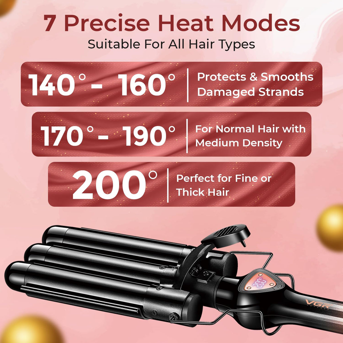 VGR V-590 Professional 3-Barrel Curling Iron with 3-Barrel Ceramic Plates, Rose Gold Black