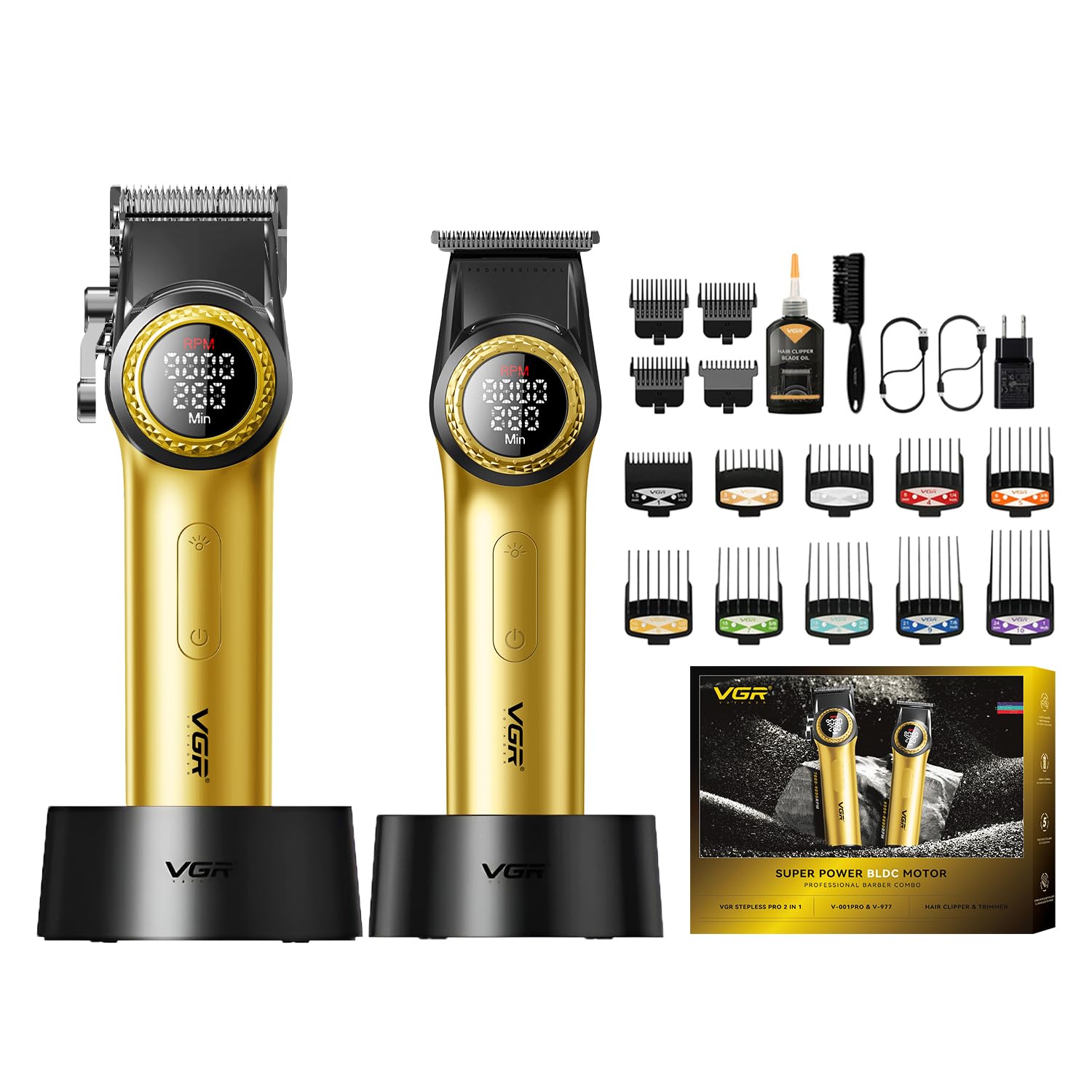 VGR V-001PRO & V-977 Professional Barber Combo For Men, 9000 RPM, 300 Min Runtime, Gold