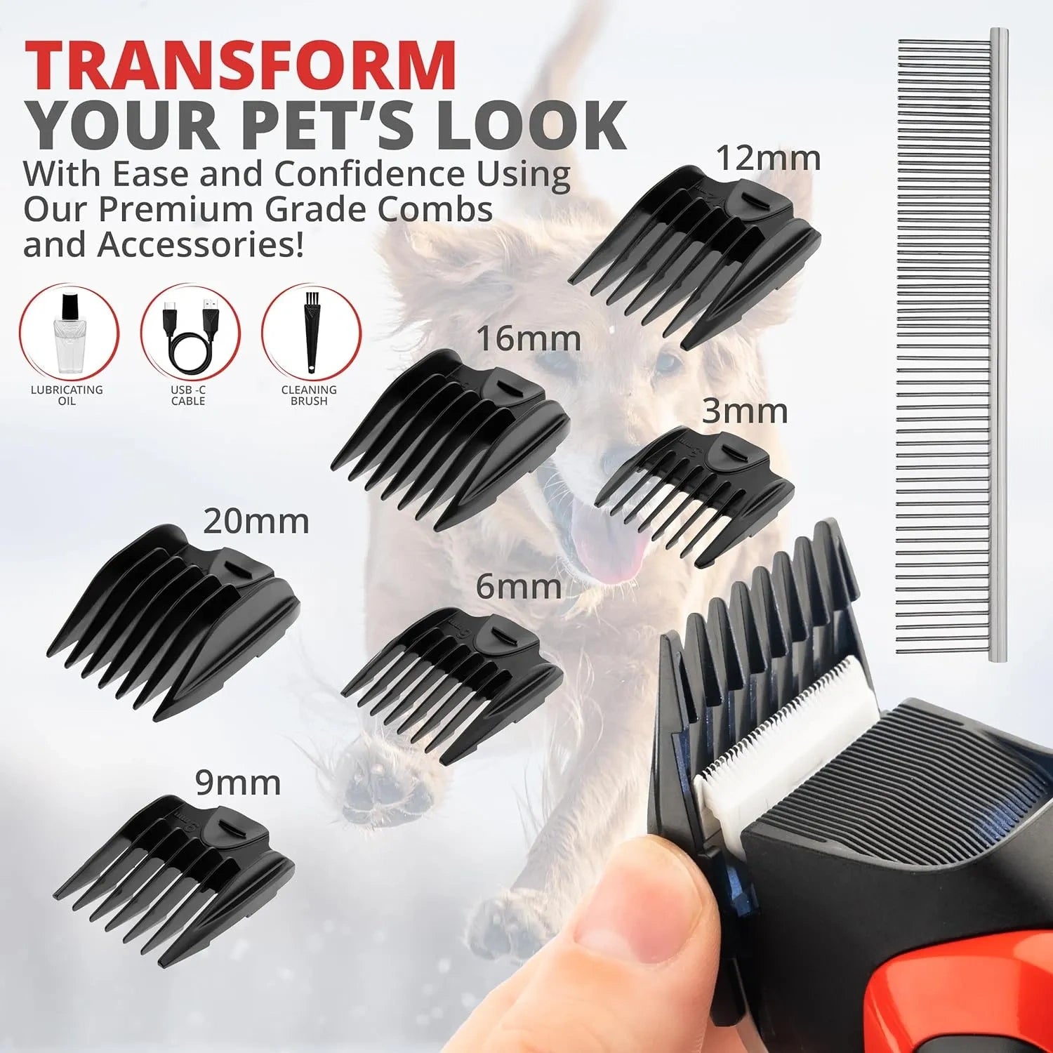 VGR V-208 Professional Pet Clipper for Dogs, Cats & All Animals, 2000mAh Battery, LED Display, Ceramic Blades, Powerful Motor, 6 Guide Combs, 180mins Runtime, Travel Lock