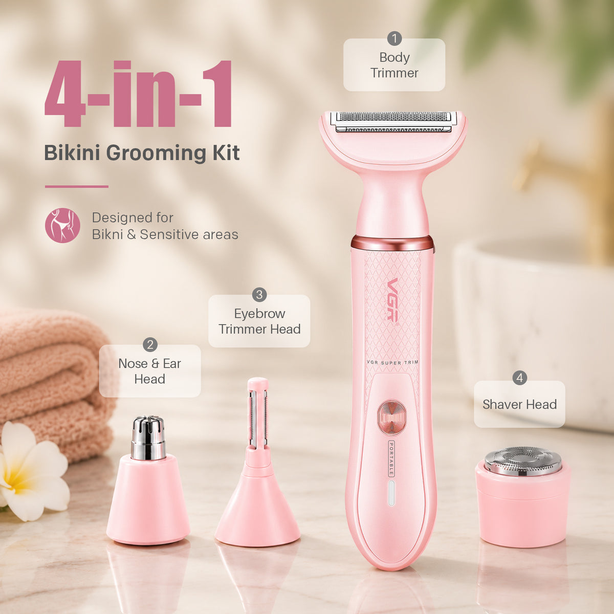VGR V-761 Professional 4-in-1 Lady Shaver Set For Women, IPX5 Waterproof, 90 Min Runtime, Blue & Pink