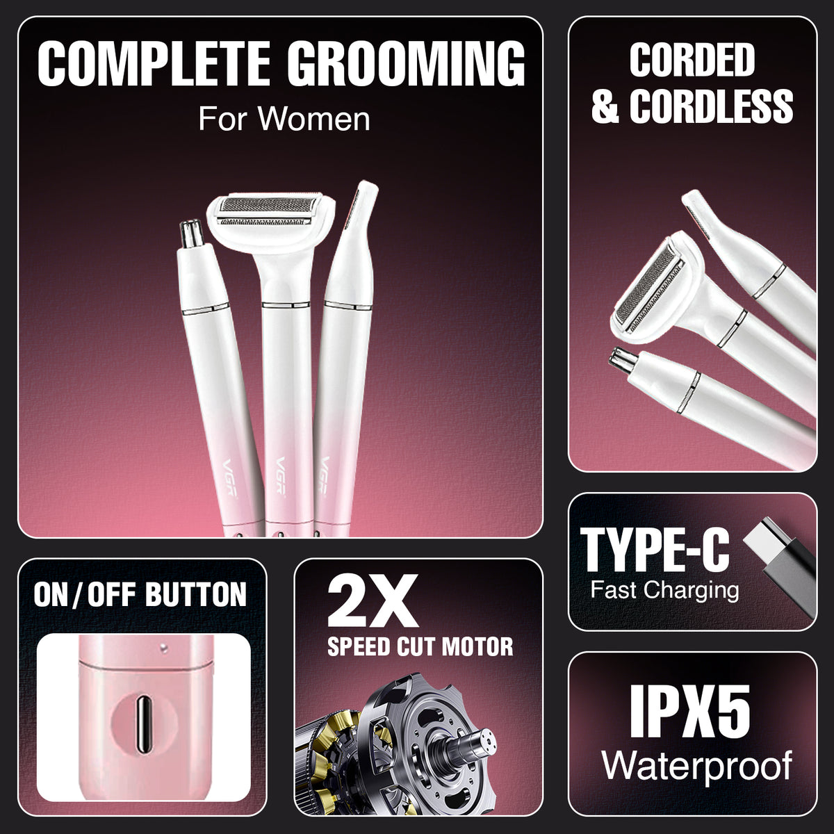 VGR V-611 Professional 3-IN-1 Lady Shaver Set, Shaver For Women (Pink)
