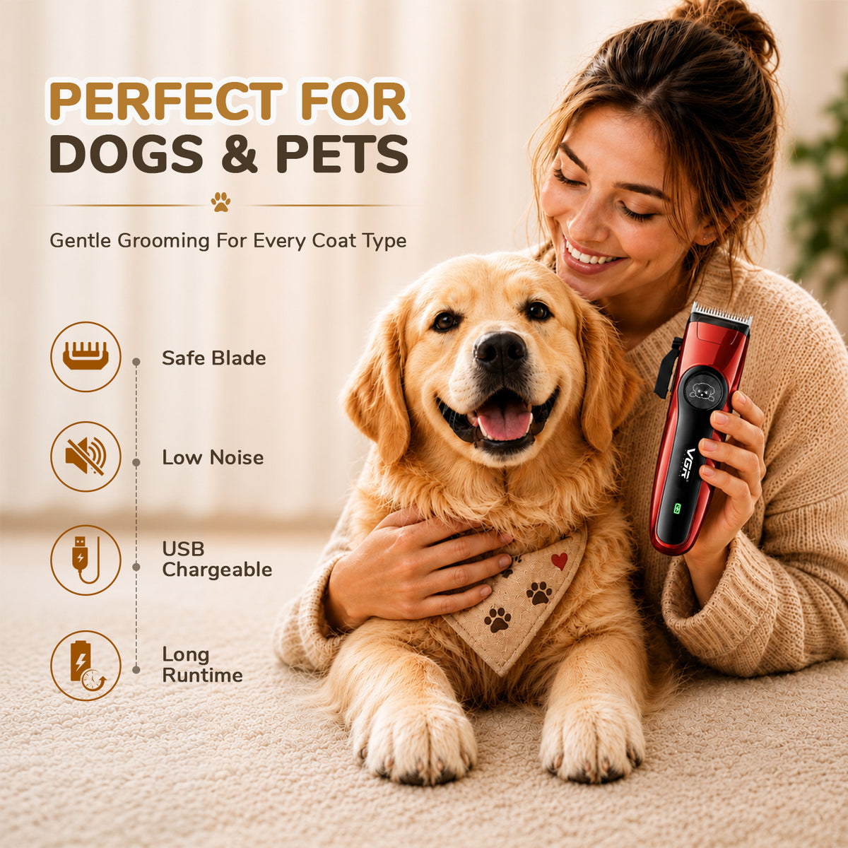 VGR V-202 Professional Pet Clipper with 150 Min Runtime, Red