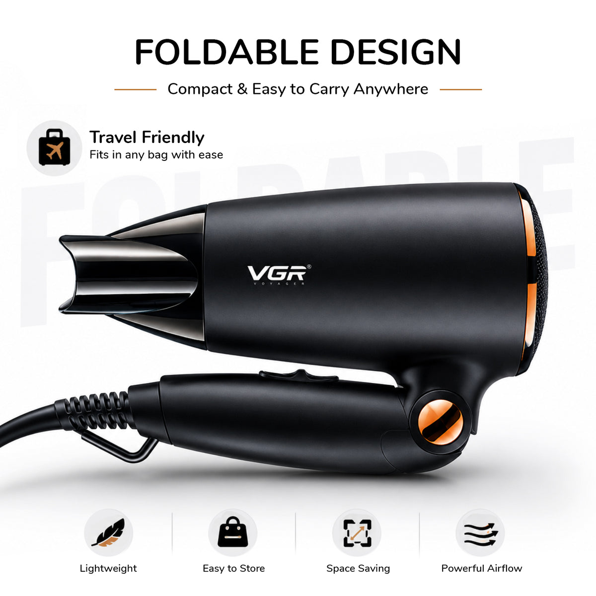 VGR V-439 Professional Hair Dryer For Women with 2 Speed Settings, Cool Shot, Black