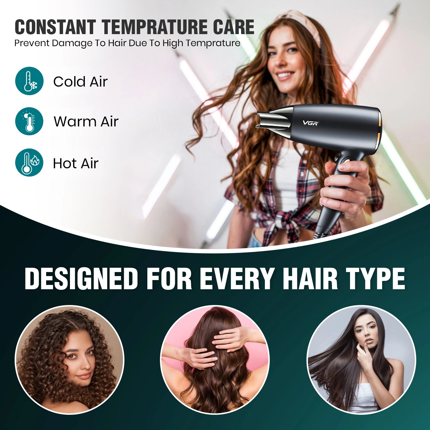 VGR V-439 Foldable Hair Dryer For Unisex, Black