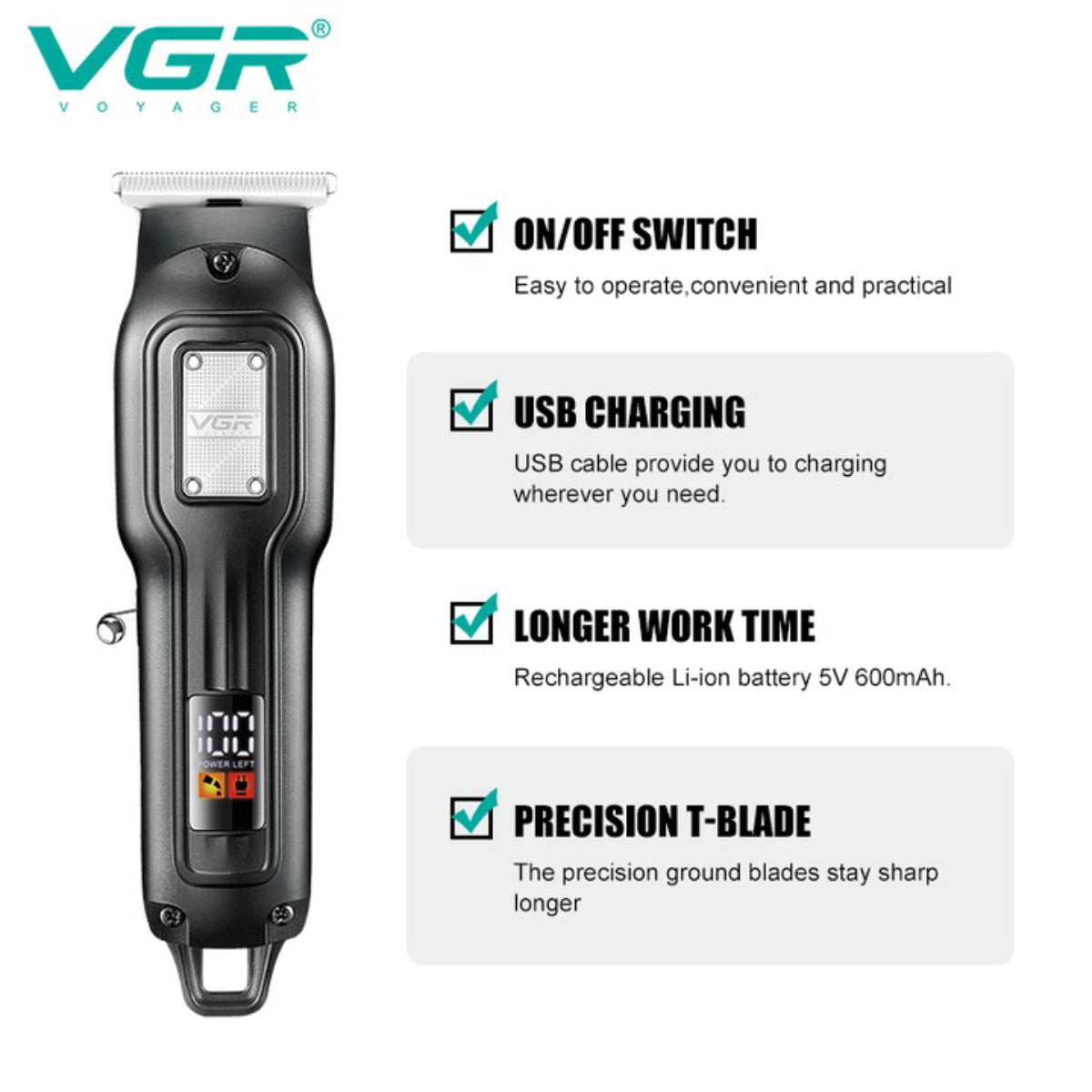VGR V-918 Professional Hair Trimmer with Precision T-Blade, LED Display, and 100-Minute Runtime, Black