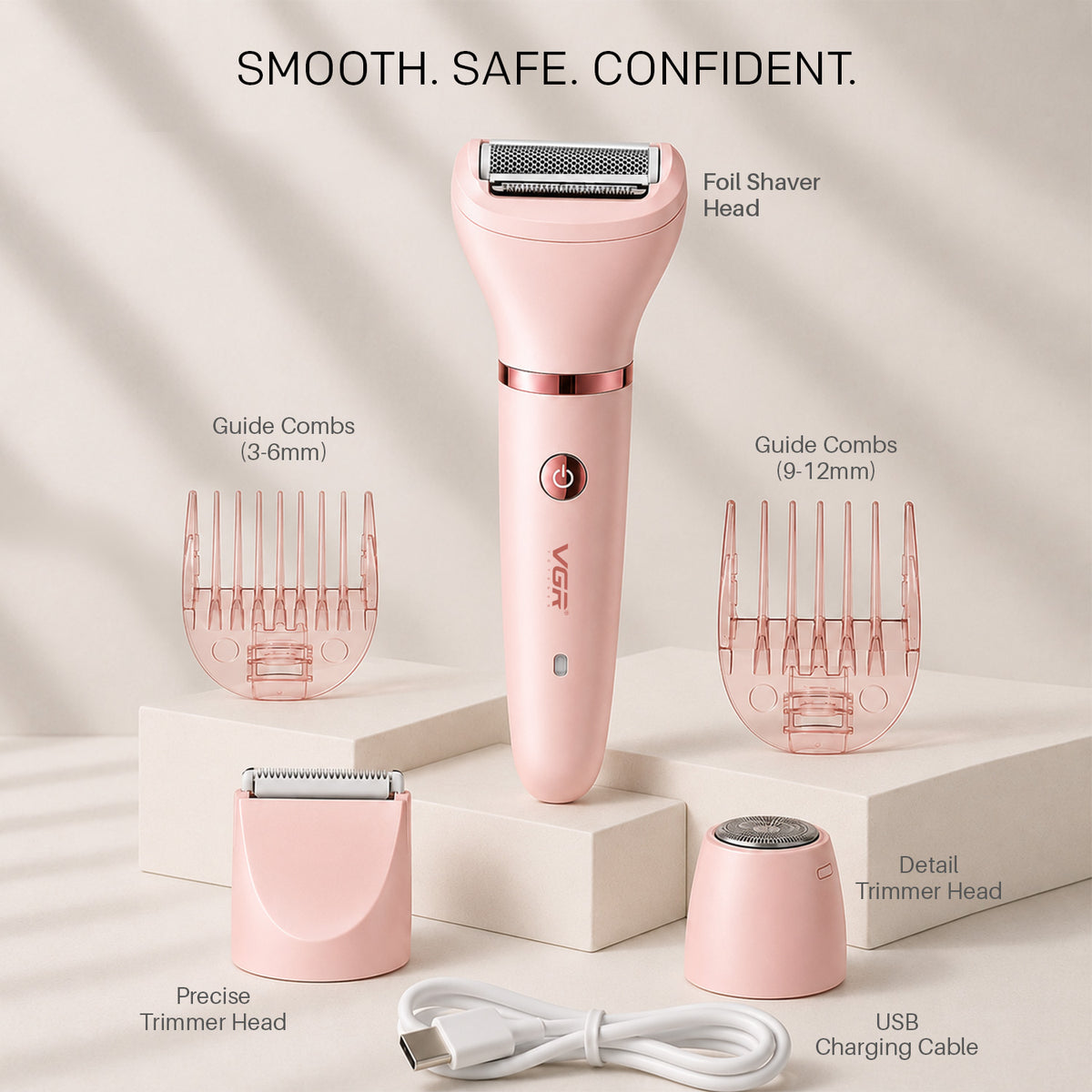 VGR V-735 Professional 3-in-1 Lady Shaver Set | Waterproof Cordless Trimmer for Women (Pink)