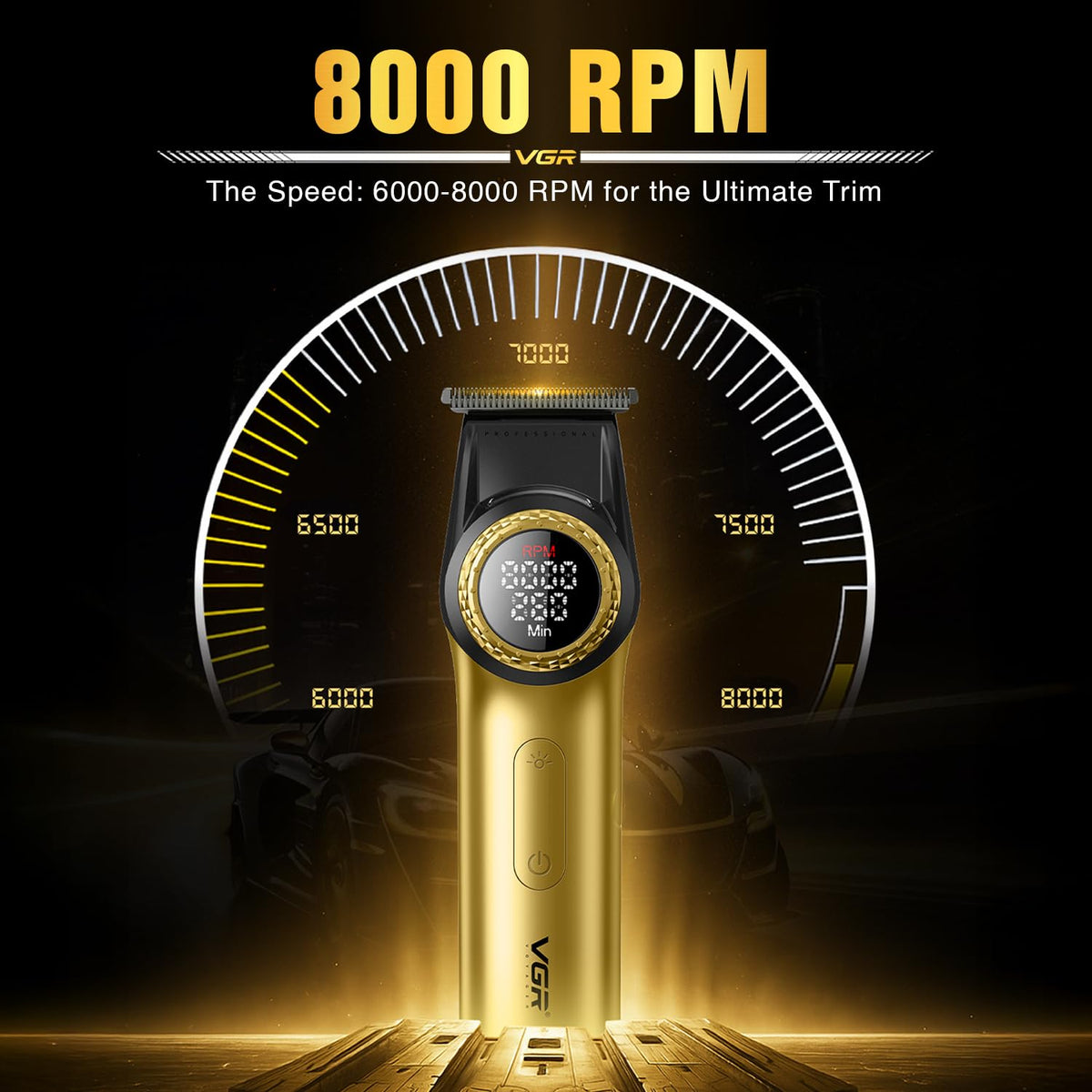 A VGR electric trimmer shown in a dramatic studio-style graphic with a large RPM gauge and the text '8000 RPM' and 'The Speed: 6000-8000 RPM for the Ultimate Trim.' The product is primarily metallic gold with black details and a small illuminated display on the front.