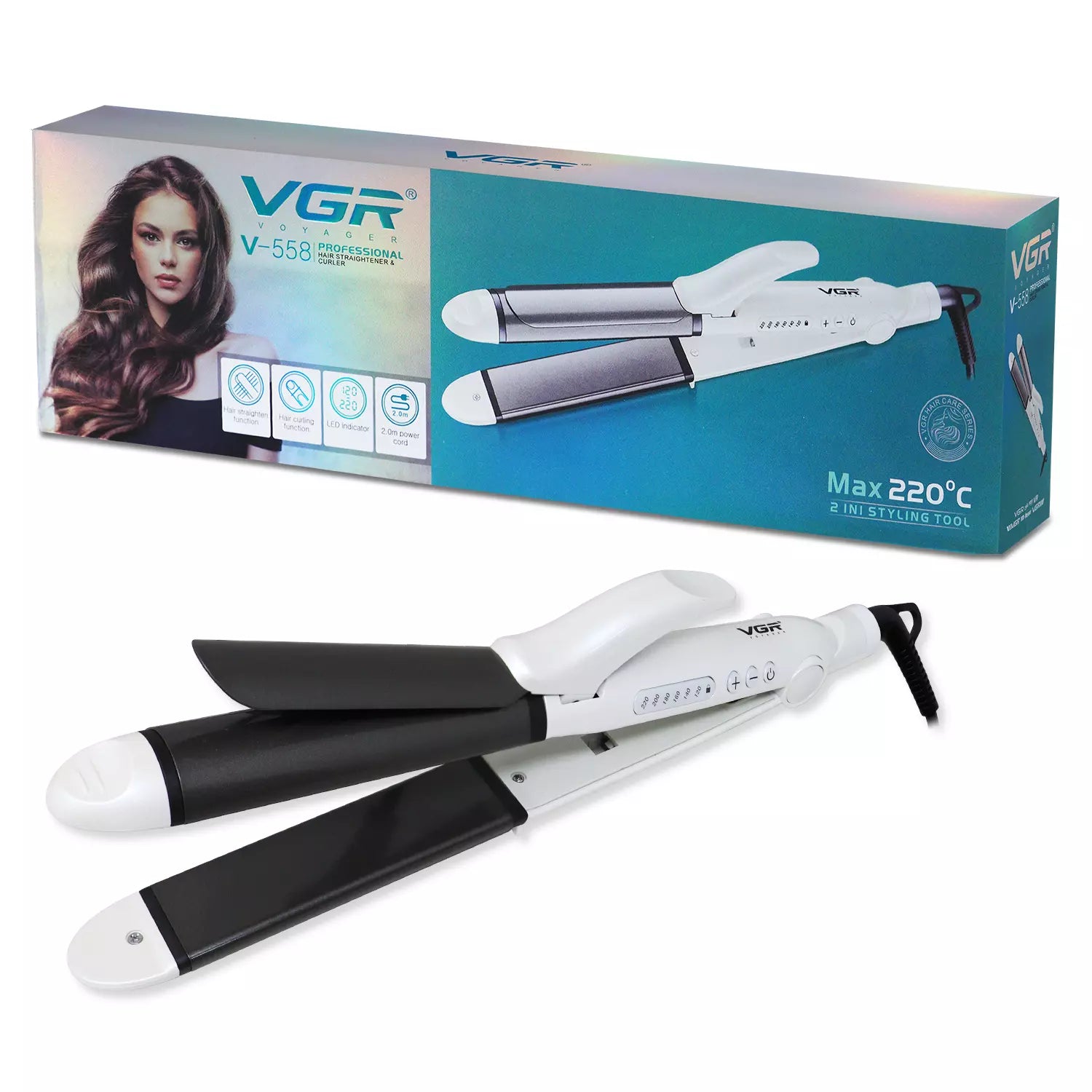 VGR V-558 2 In 1 Hair Straightener And Curler, White