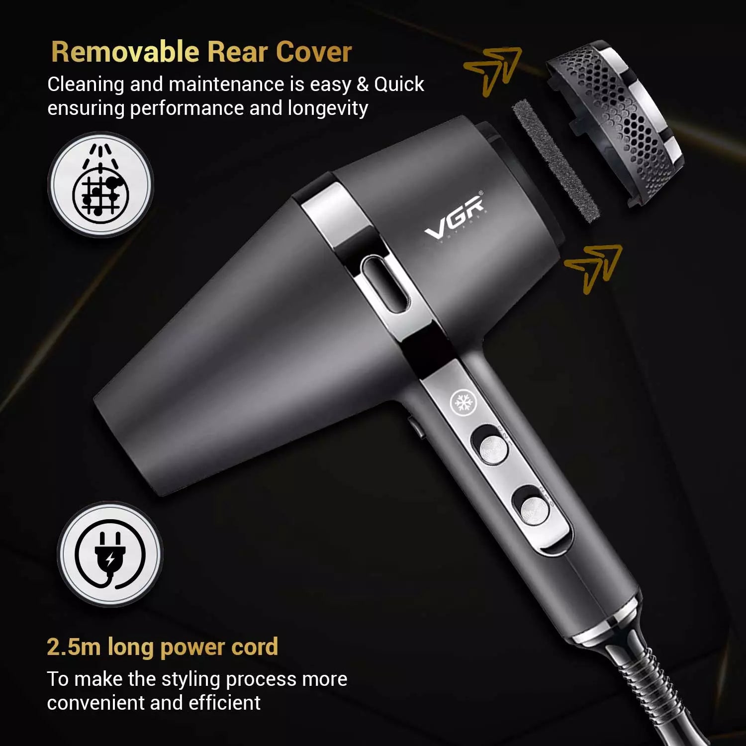 VGR V-451 Hair Dryer For Unisex, Black