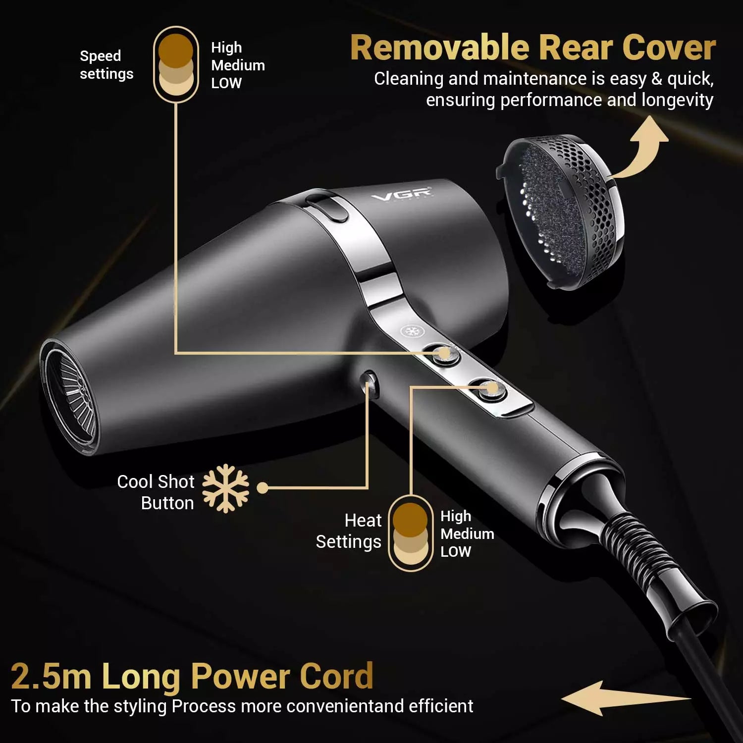VGR V-451 Hair Dryer For Unisex, Black