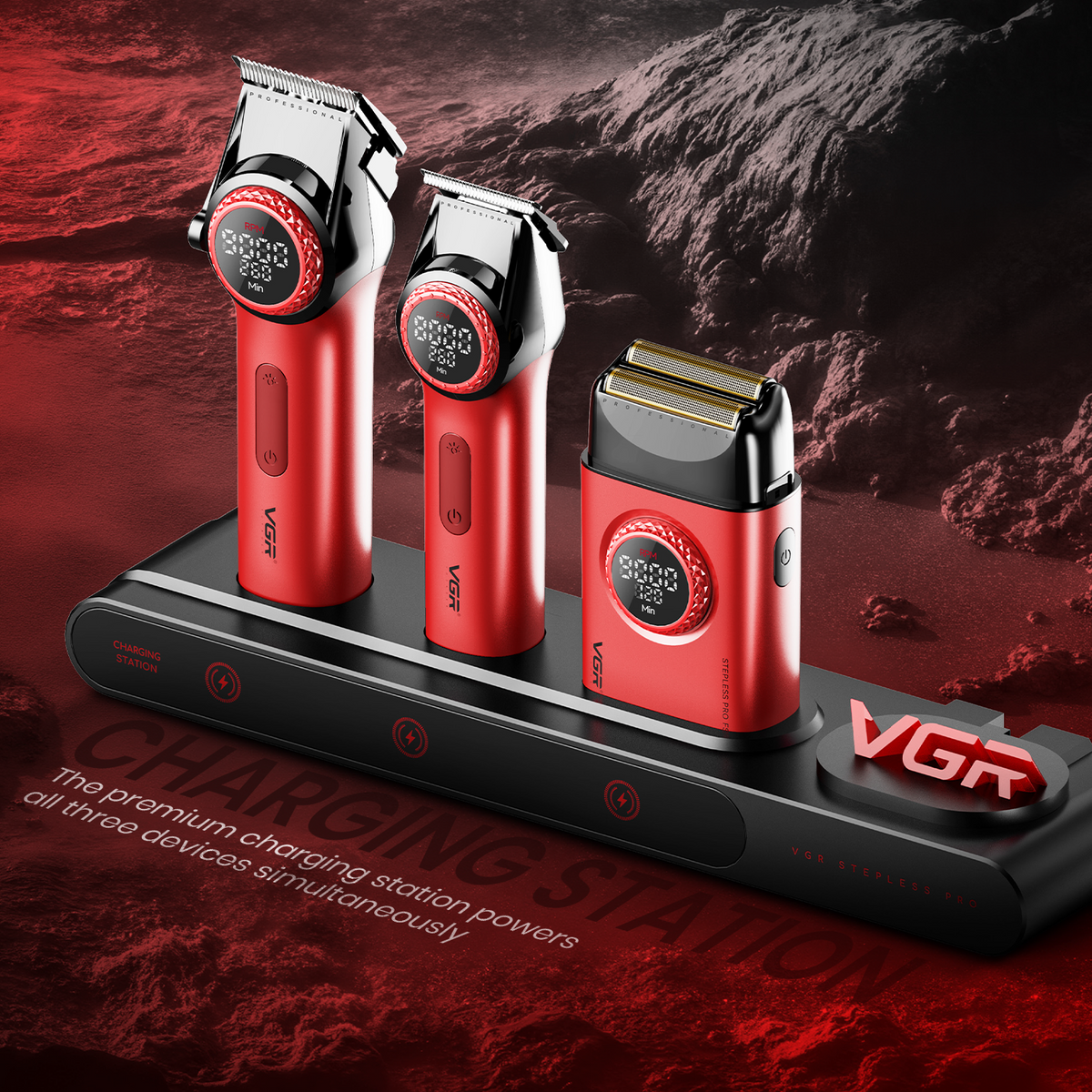 VGR Stepless Pro 3-in-1 Professional Grooming Kit for Salon & Men with Charging Station, Stepless Speed Control, Ceramic DLC Blades, Double Titanium Foils, LED Display, Red