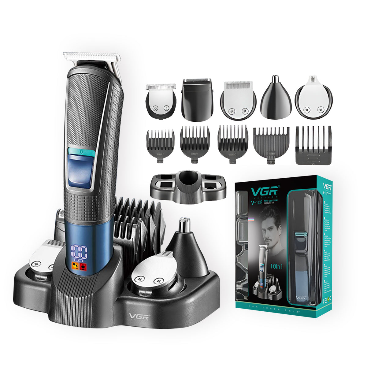 VGR V-108 Professional 10-in-1 Men’s Grooming Kit with 120 min Runtime, Black & Blue