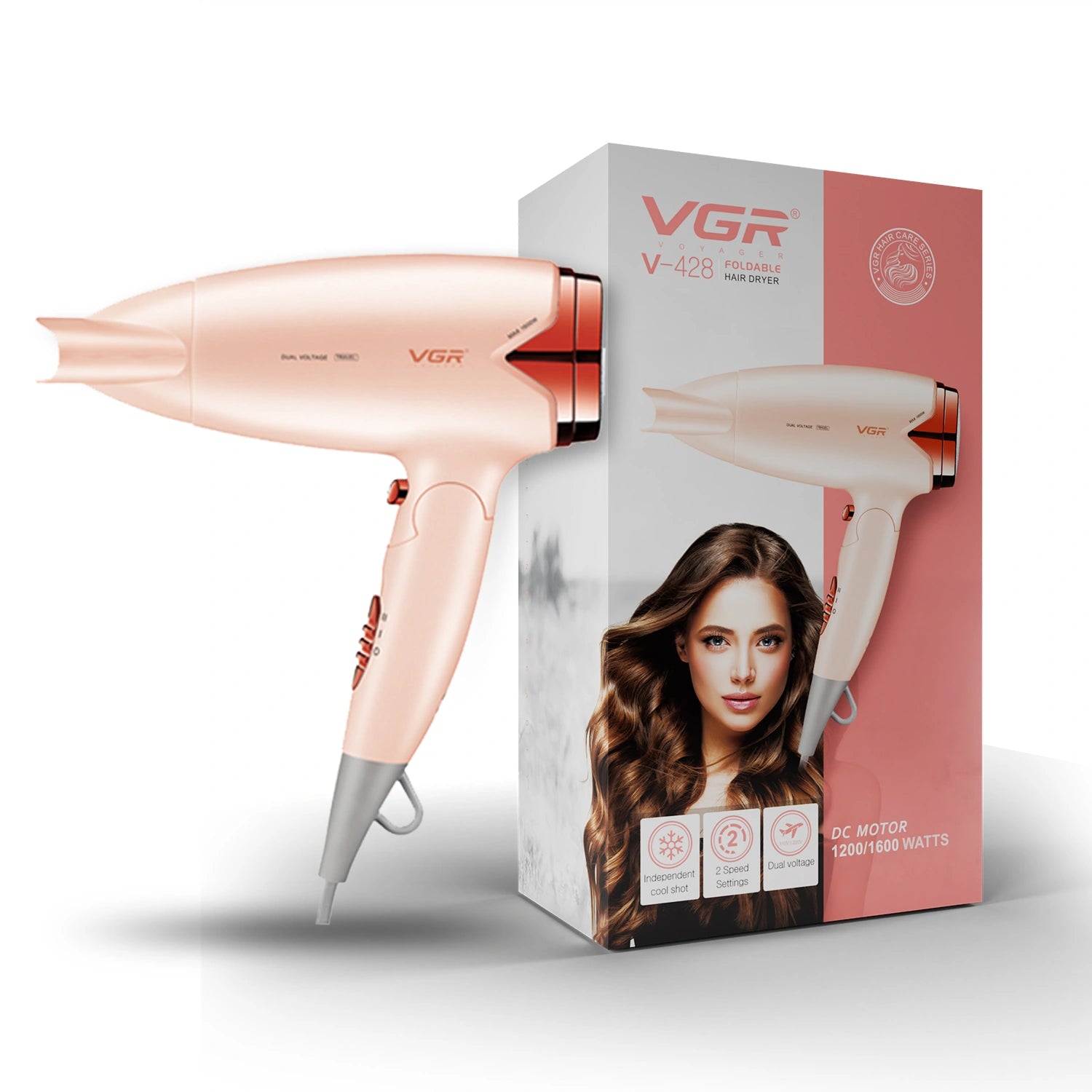 VGR V-428 Foldable Hair Dryer, 1200/1600W DC Motor, Dual Voltage, 2 Speed Settings, Travel-Friendly (Pink)