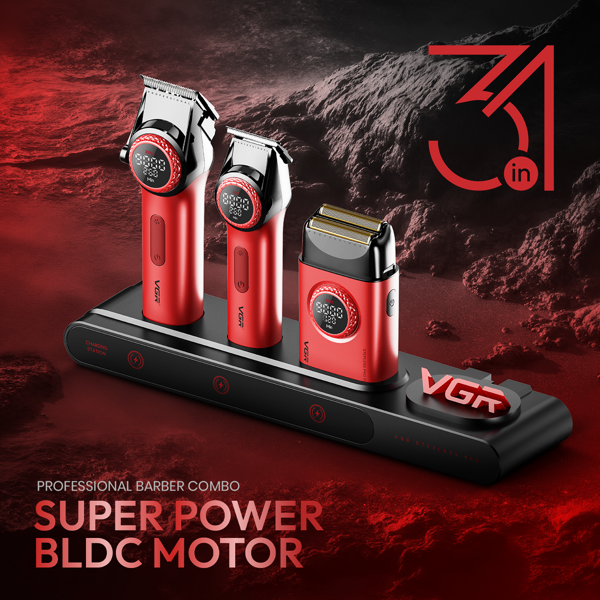 VGR Stepless Pro 3-in-1 Professional Grooming Kit for Salon & Men with Charging Station, Stepless Speed Control, Ceramic DLC Blades, Double Titanium Foils, LED Display, Red