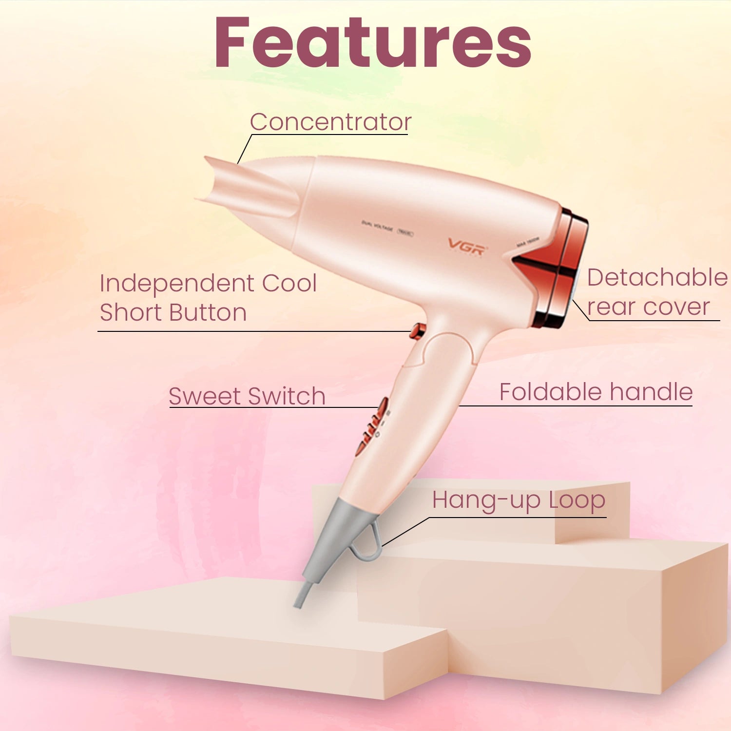 VGR V-428 Foldable Hair Dryer, 1200/1600W DC Motor, Dual Voltage, 2 Speed Settings, Travel-Friendly (Pink)