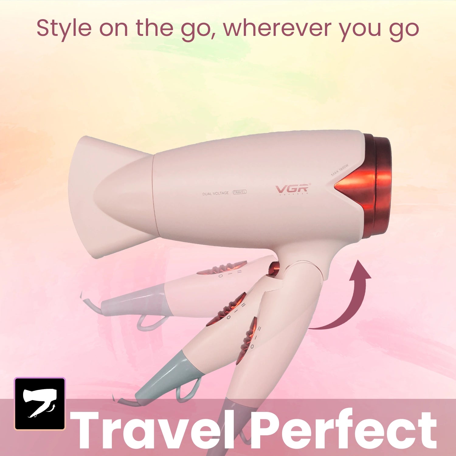 VGR V-428 Foldable Hair Dryer, 1200/1600W DC Motor, Dual Voltage, 2 Speed Settings, Travel-Friendly (Pink)