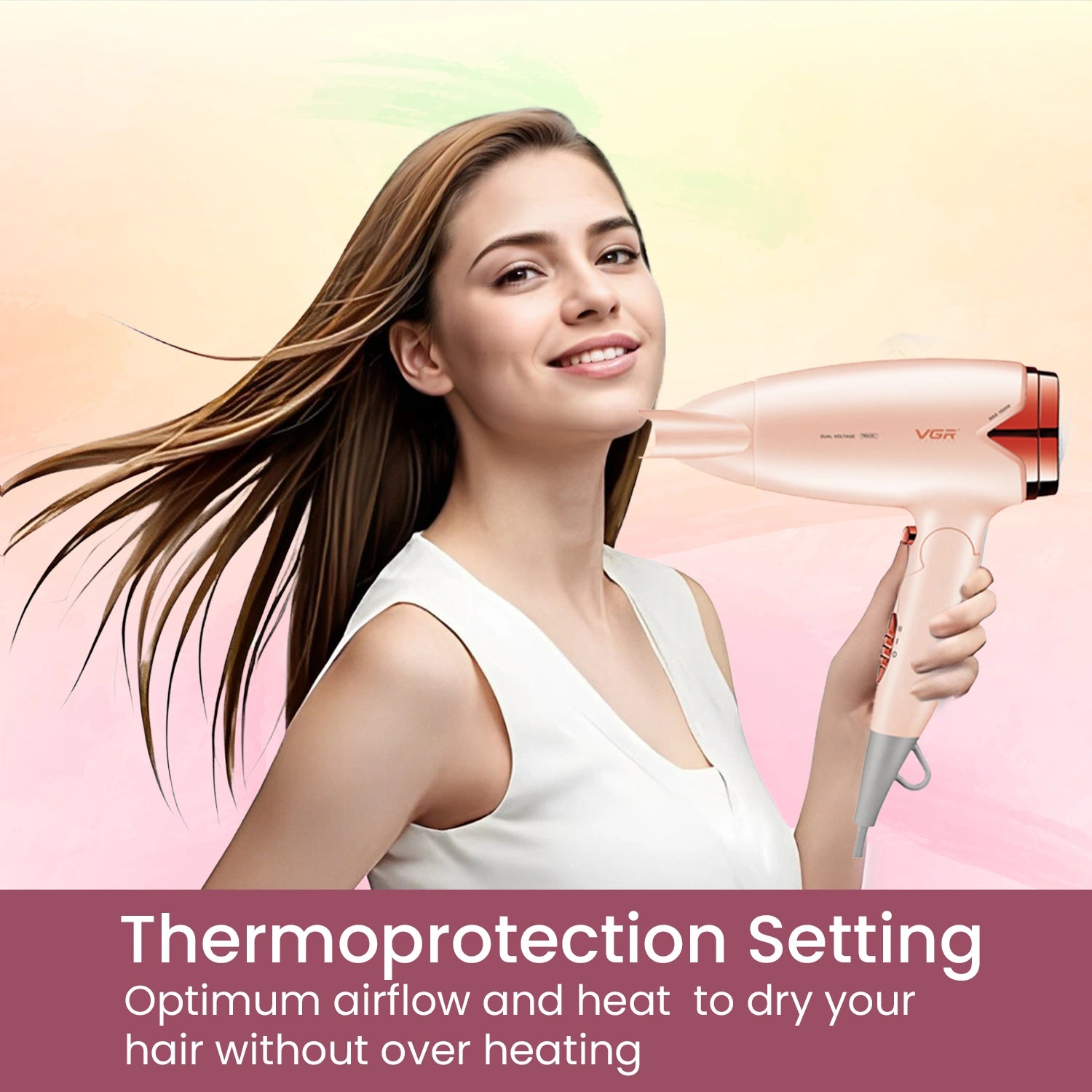 VGR V-428 Foldable Hair Dryer, 1200/1600W DC Motor, Dual Voltage, 2 Speed Settings, Travel-Friendly (Pink)